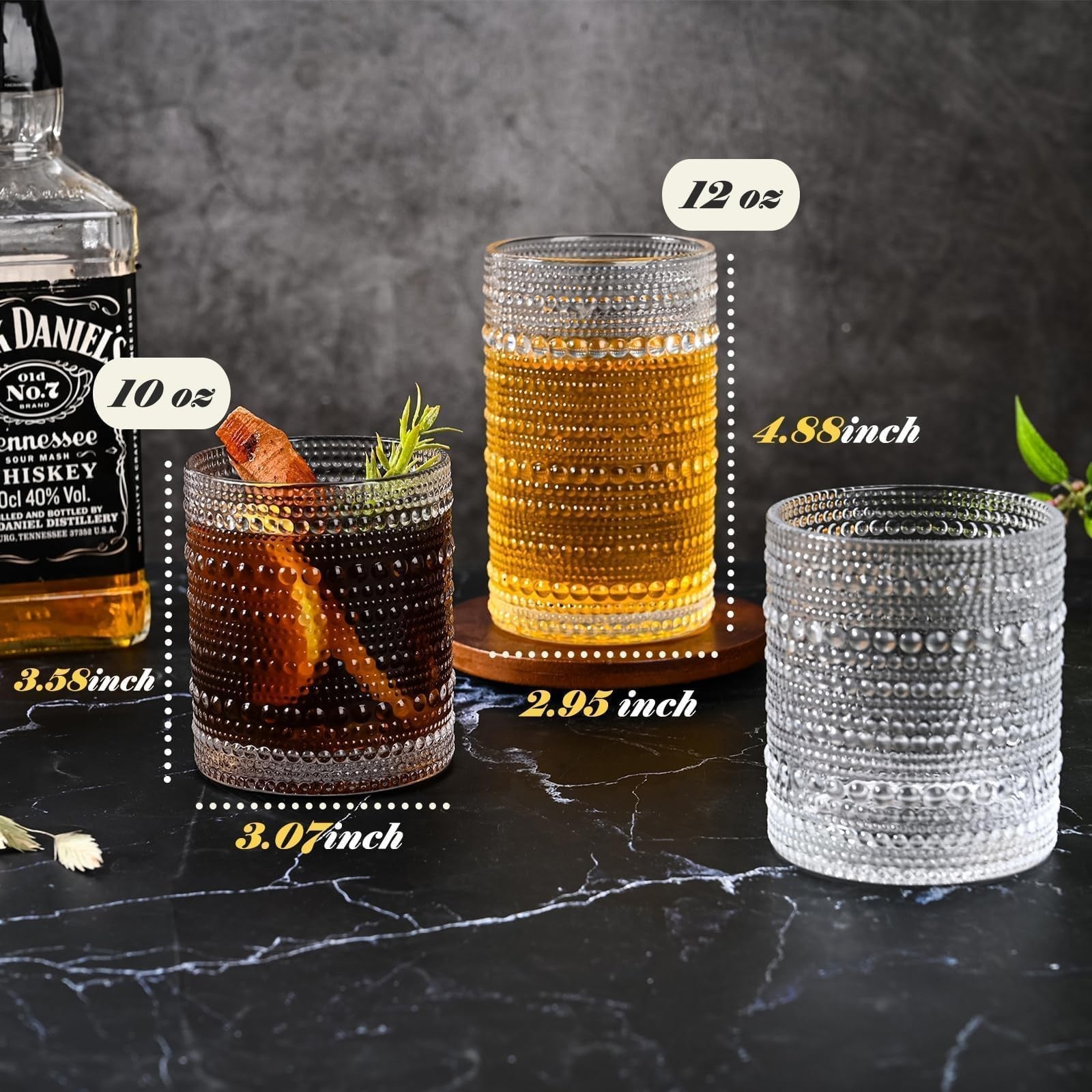 Set of 8 VANKUTL hobnail glass cups, 12 oz drinking glasses with textured hobnail design, displayed in a row on a table.