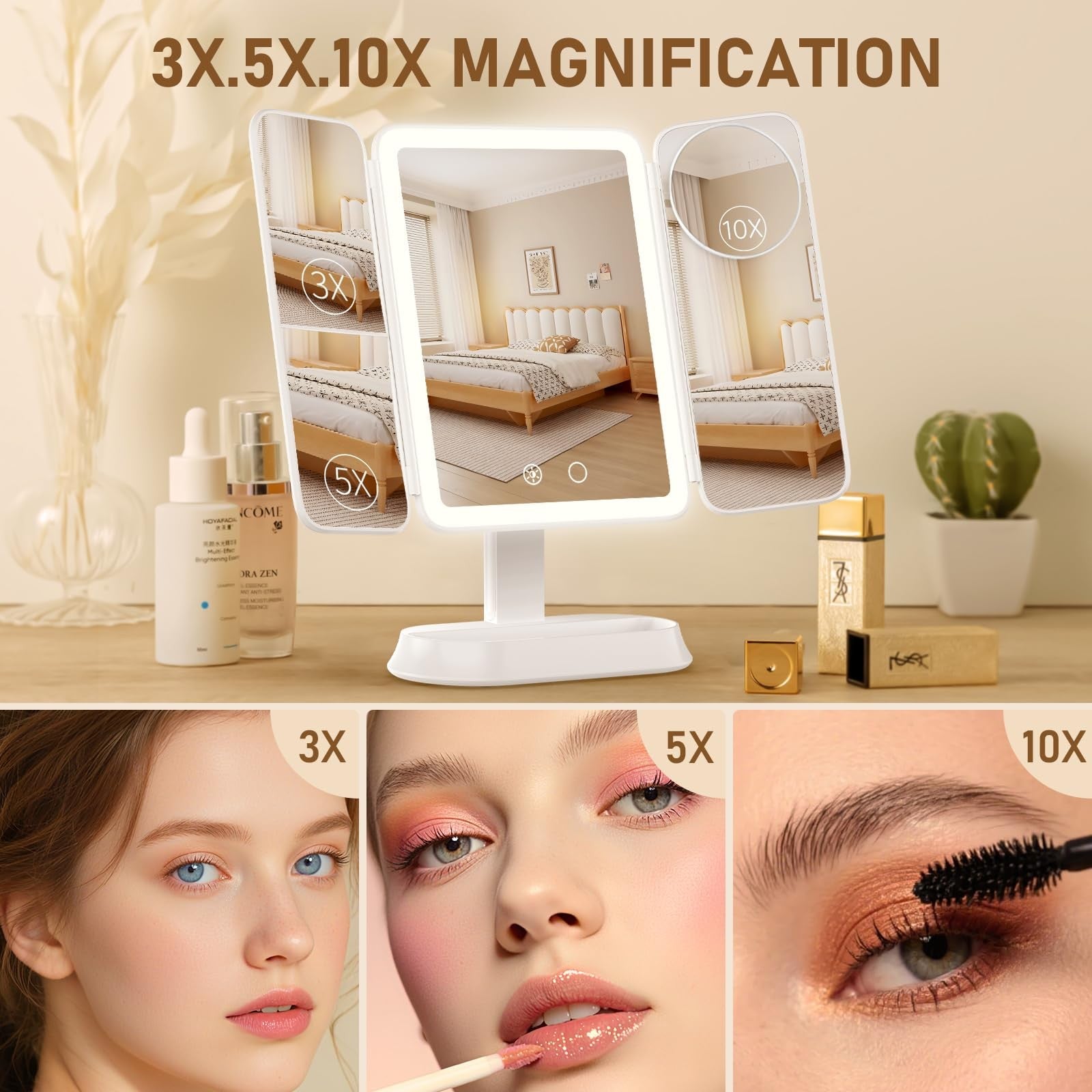 FRANO rechargeable makeup mirror with lights showing 10X magnification and adjustable brightness in a modern design
