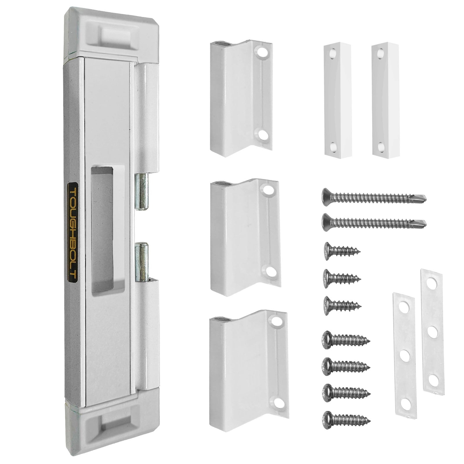 TOUGHBOLT sliding door lock with double deadbolt security and child safety features, installed on a glass sliding door.