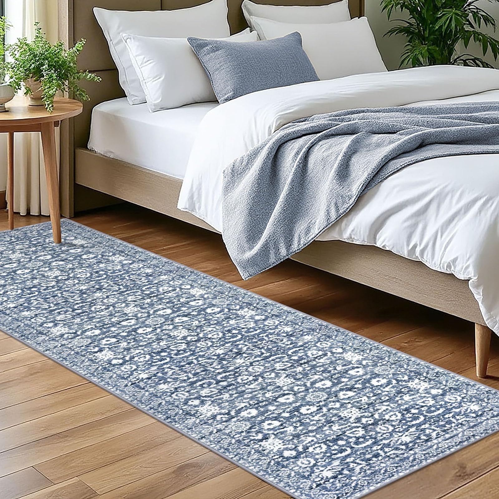 Lansny vintage floral 2x7 runner rug in light blue and white, washable, non-slip design for bedroom decor.
