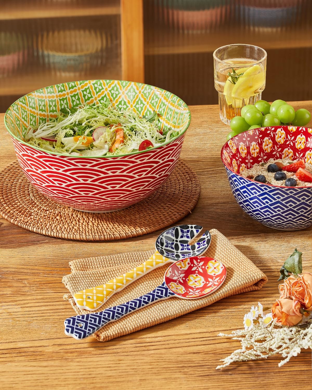 Set of colorful ceramic mixing bowls by Metahom, nesting design for kitchen use and large serving options.