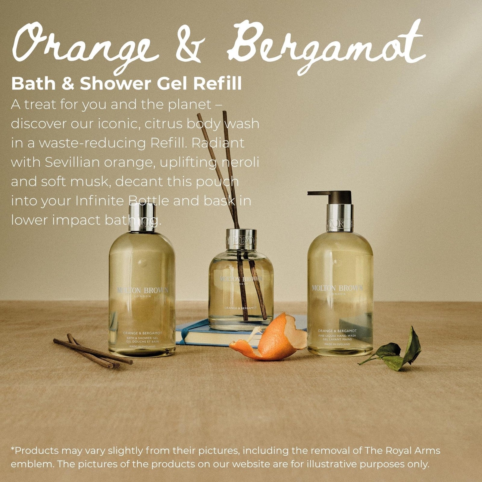 Molton Brown Orange & Bergamot Body Wash refill bottle, 13.5 fl oz, with orange and bergamot citrus design.
