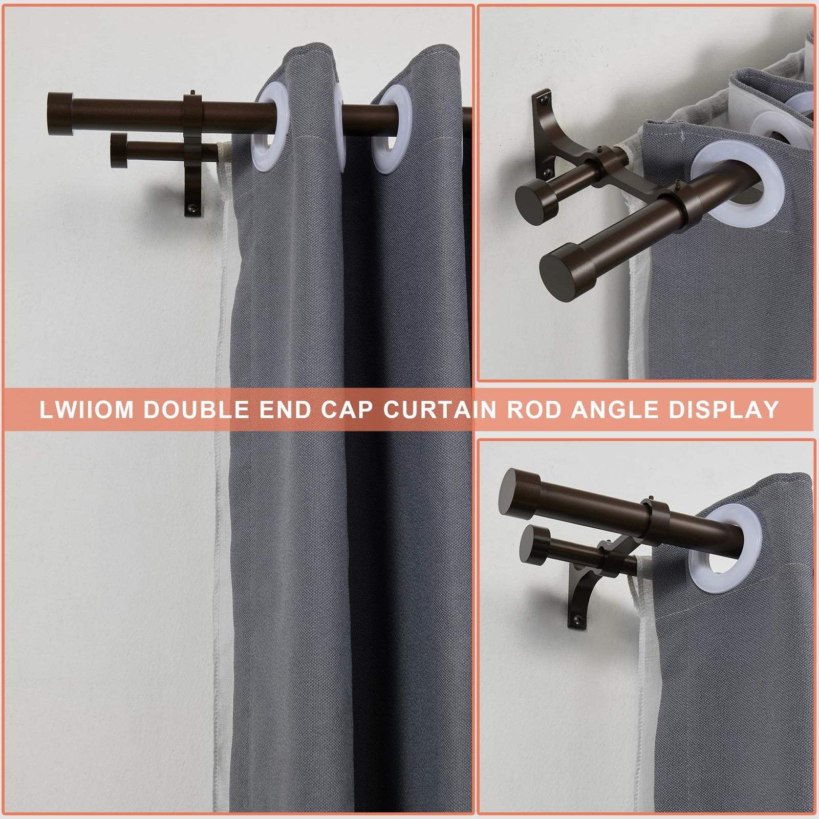 Lwiiom double curtain rods with dark bronze aluminum brackets adjustable 72-144 inches