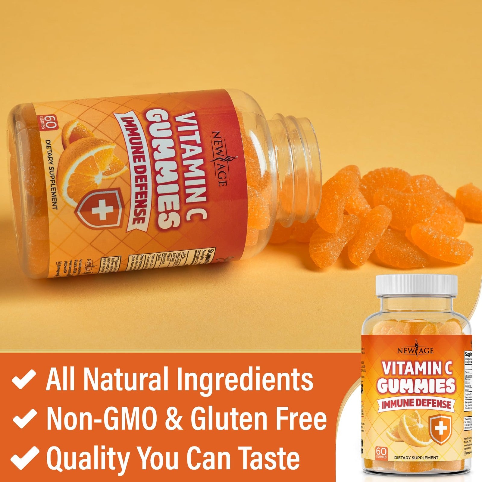 Assorted orange vitamin C gummies from New Age Age, featuring bright orange color and gummy texture for immune support.