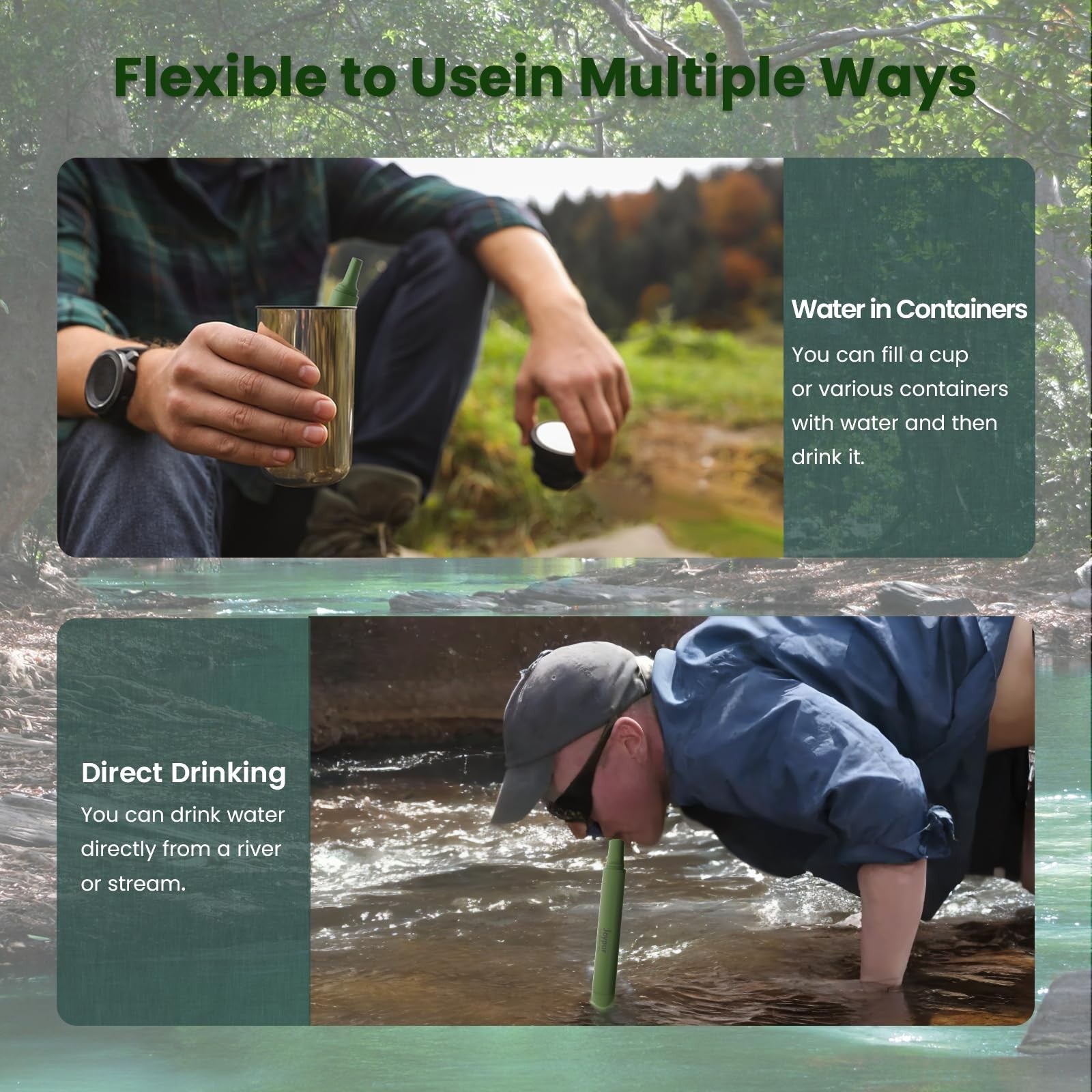 Joypur portable water filter straw for camping and hiking, designed for emergency purification and survival gear.