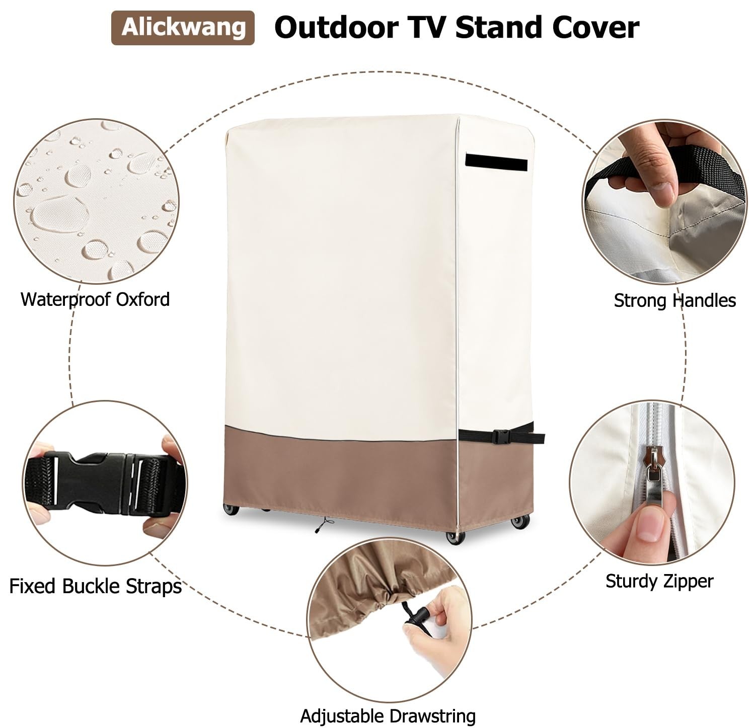 Alickwang 53-inch waterproof outdoor TV trolley cover made of heavy-duty 600D fabric, protecting a rolling TV stand from the elements.
