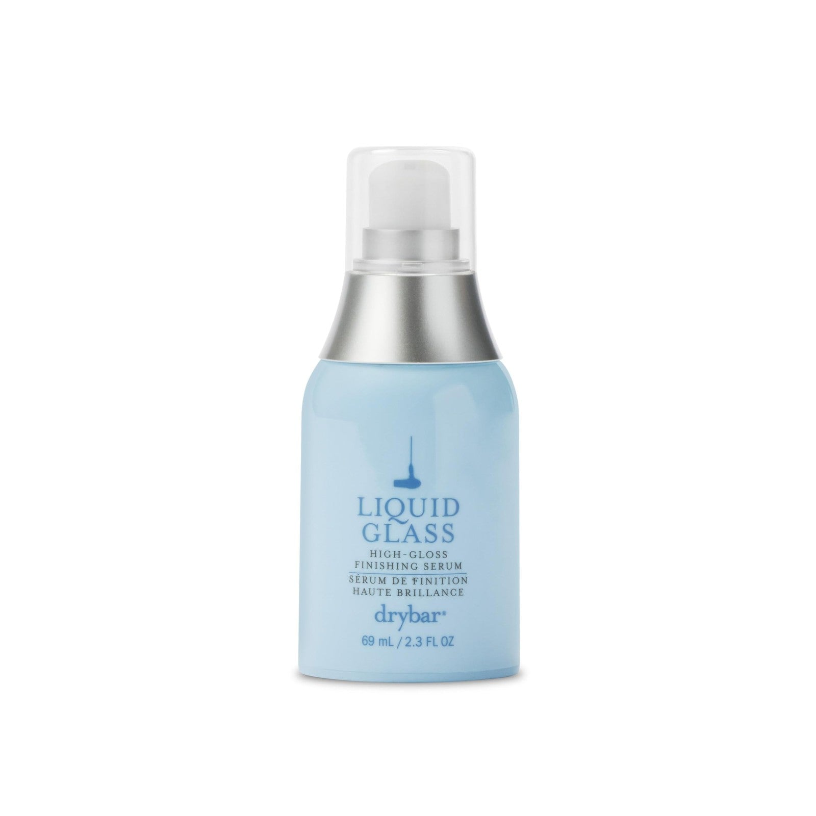 Drybar Liquid Glass High-Gloss Finishing Serum applied to smooth, shiny hair after blowout, reducing frizz and enhancing gloss.