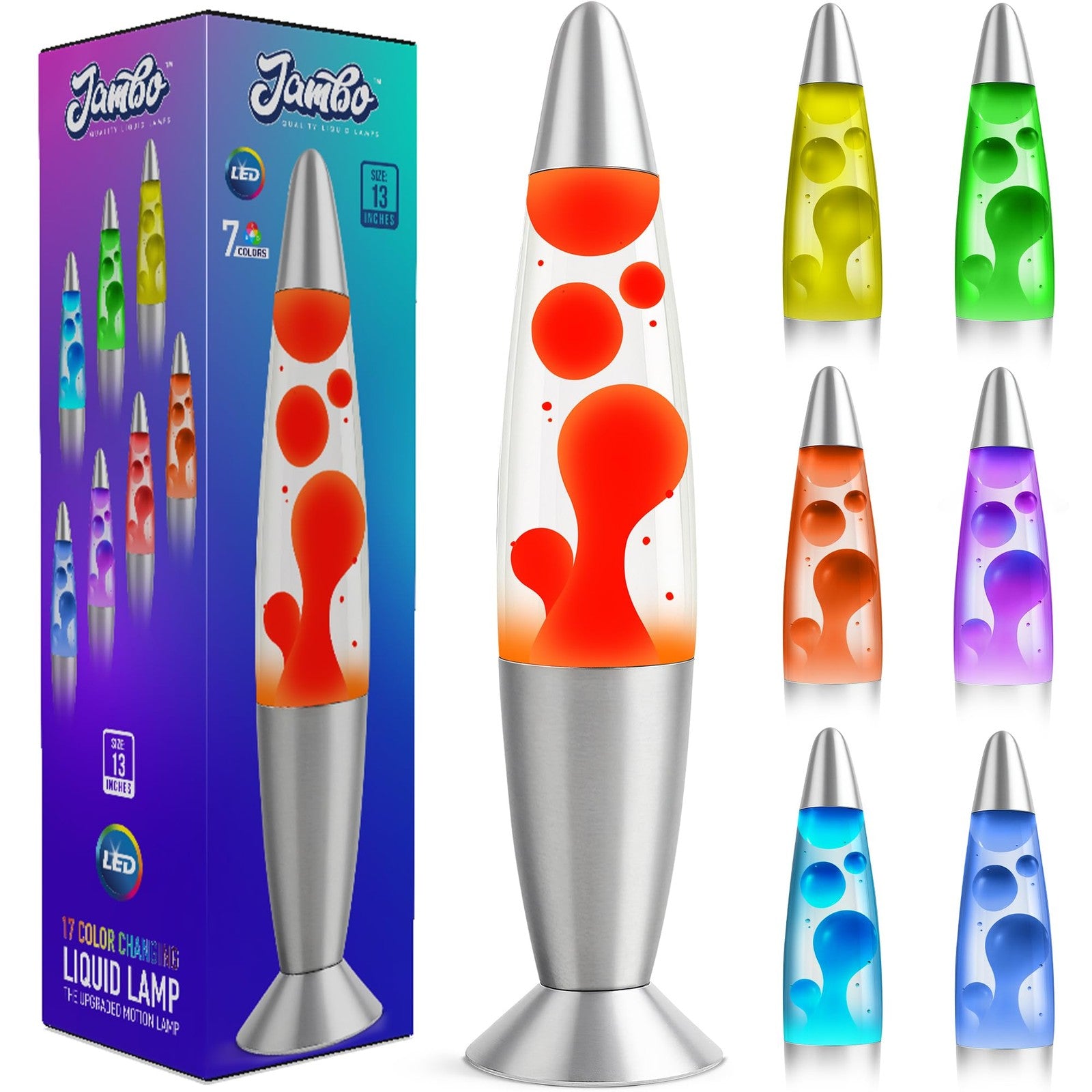 JAMBO 7-color changing LED motion lamp with 13-inch light, ideal for kids, teens, and adults. Colorful LED display and sleek design.