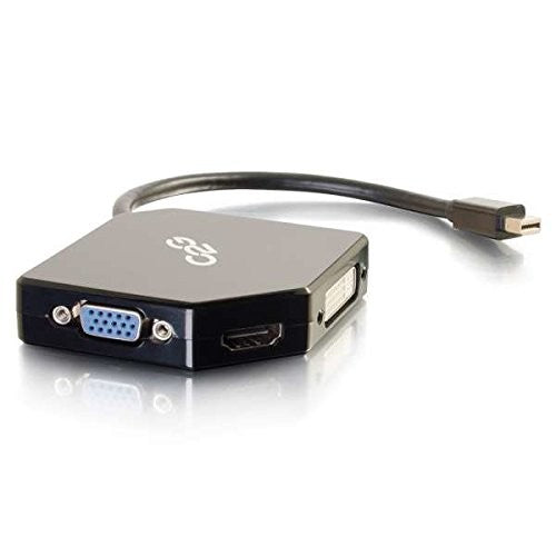 C2G Legrand Mini DisplayPort adapter showing connector ports for HDMI, VGA, and DVI with 4K capability.