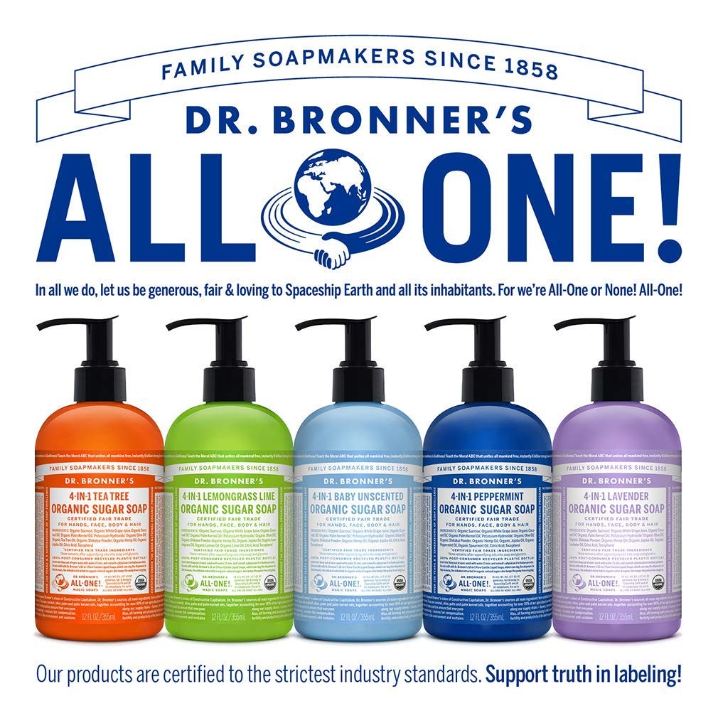 Dr. Bronner's Organic Sugar Soap variety pack featuring 12 oz bottles in lavender, peppermint, and tea tree scents.