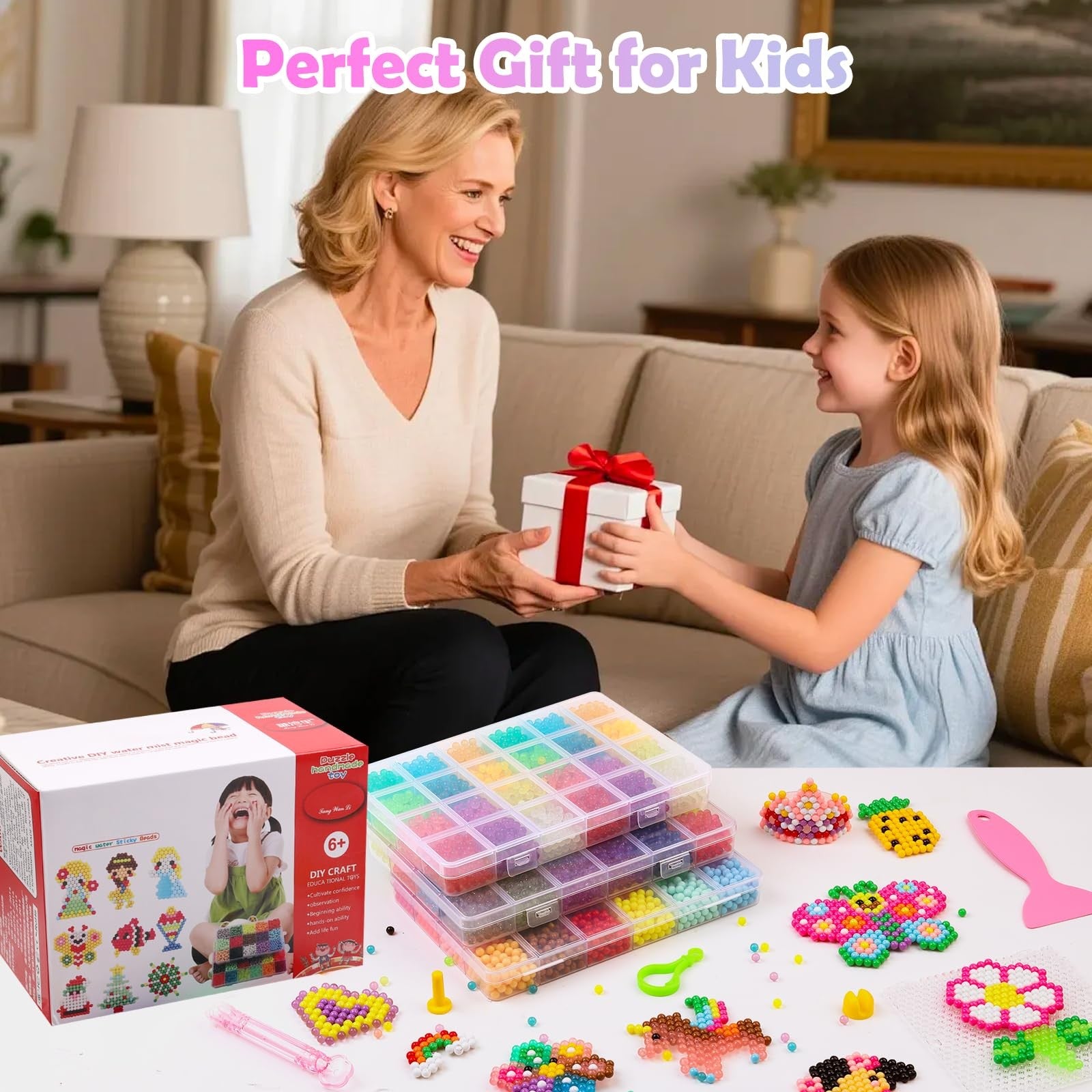 Liangding 9000-piece non-iron fuse beads kit with 72 colors, 5mm spray-activated beads and pegboard for crafting and bead art.