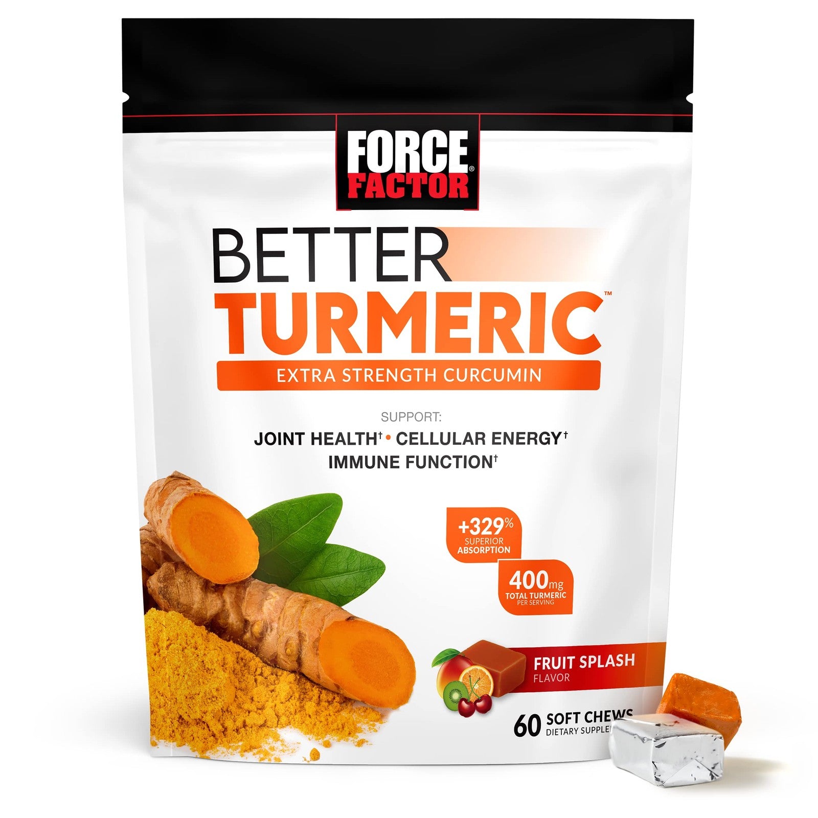 Force Factor Amazing Ashwa supplement for stress relief with turmeric joint support in a clear bottle and label.