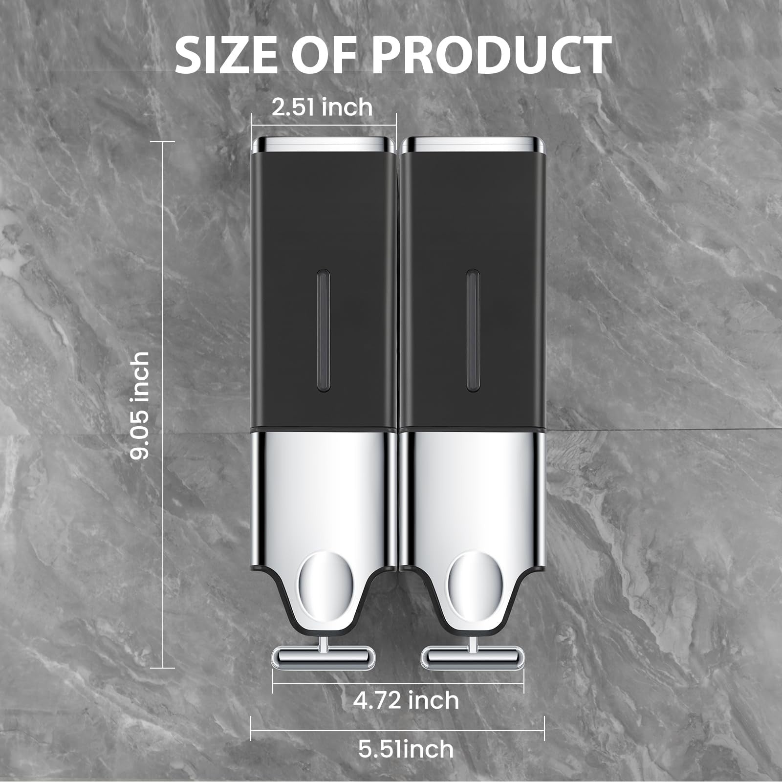 EHORIA 2-in-1 shower dispenser mounted on wall, holding soap, shampoo, and conditioner bottles for convenient bathroom use.