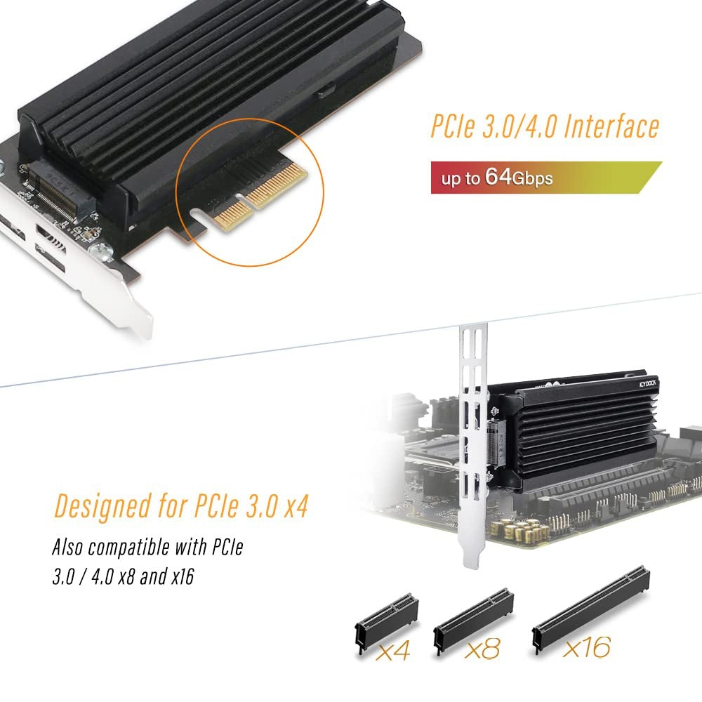 ICY DOCK M.2 NVMe SSD to PCIe adapter card with large aluminum heatsink, supporting PCIe X16/X8/X4 slots for efficient cooling.