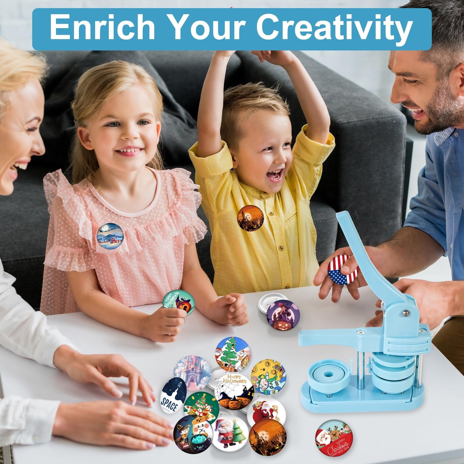 ALIESTFDNO button maker machine 2.25-inch (58mm) with components for creating custom button pins and badges.