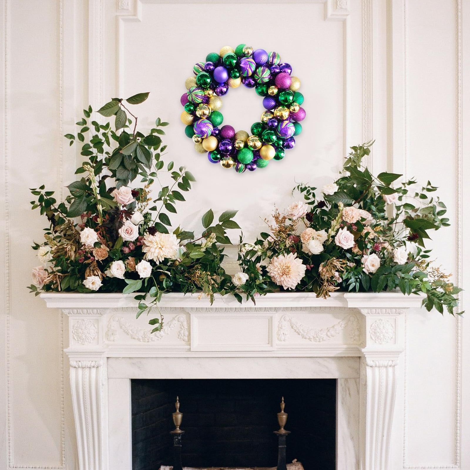 Bibelot Mardi Gras wreath with colorful balls, 18-inch decorative front door wreath for festive Mardi Gras celebrations.