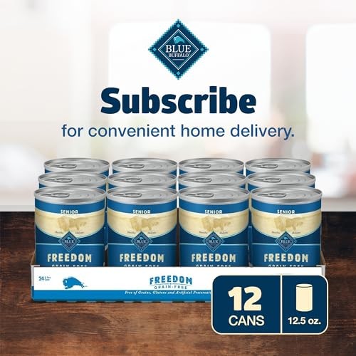 Blue Buffalo Freedom grain-free senior wet dog food in a can, featuring tender, wholesome dog food with no artificial ingredients.
