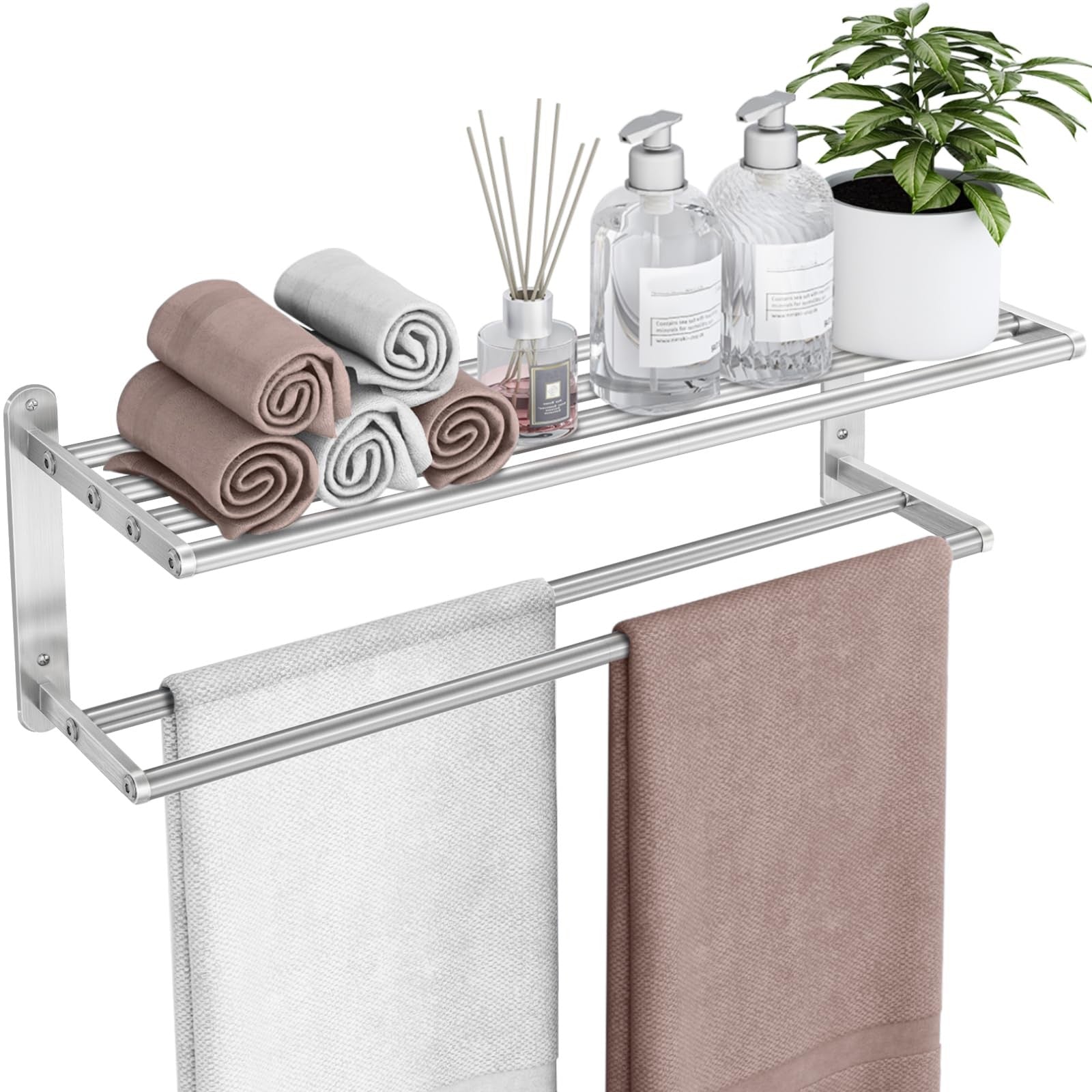 VOTZAAQ bathroom towel rack with 24-inch shelf and double towel bars, wall-mounted for convenient towel storage and organization