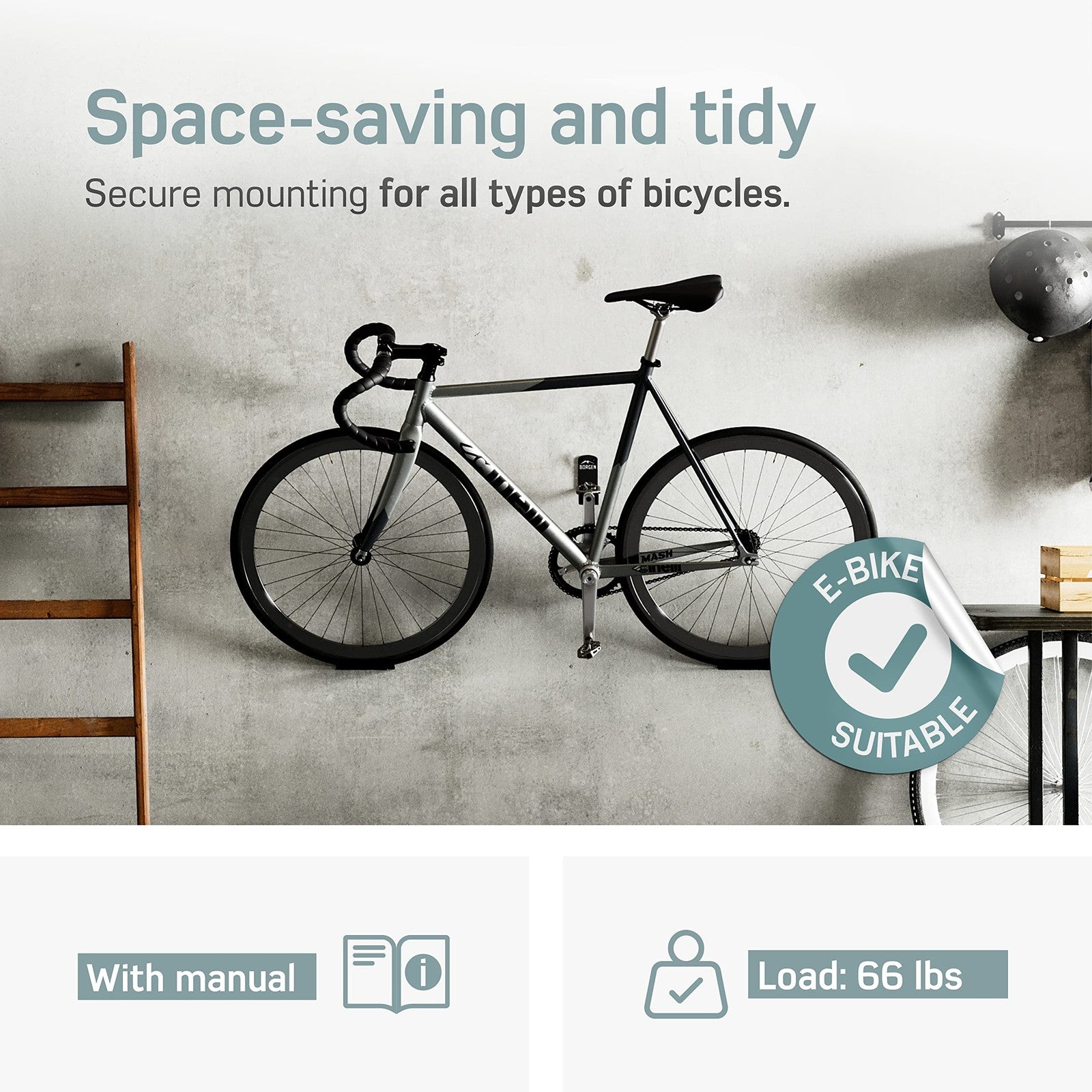 Borgen bike wall mount pedal hook holding an e-bike, mountain bike, and road bike for easy wall storage and organization.