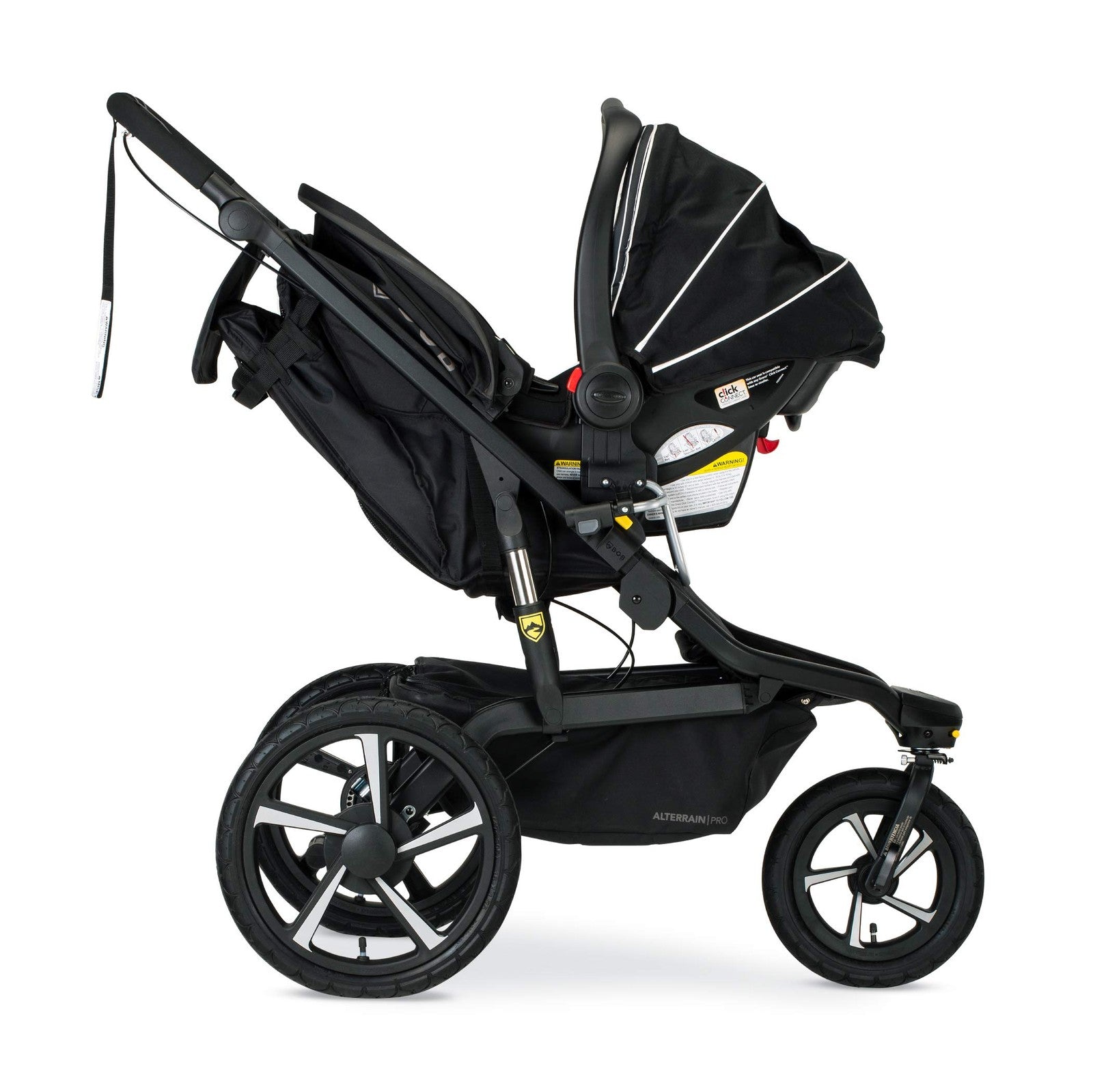 Bob Gear single jogging stroller adapter for Graco infant car seats, shown attached to stroller frame with car seat ready for jogging.