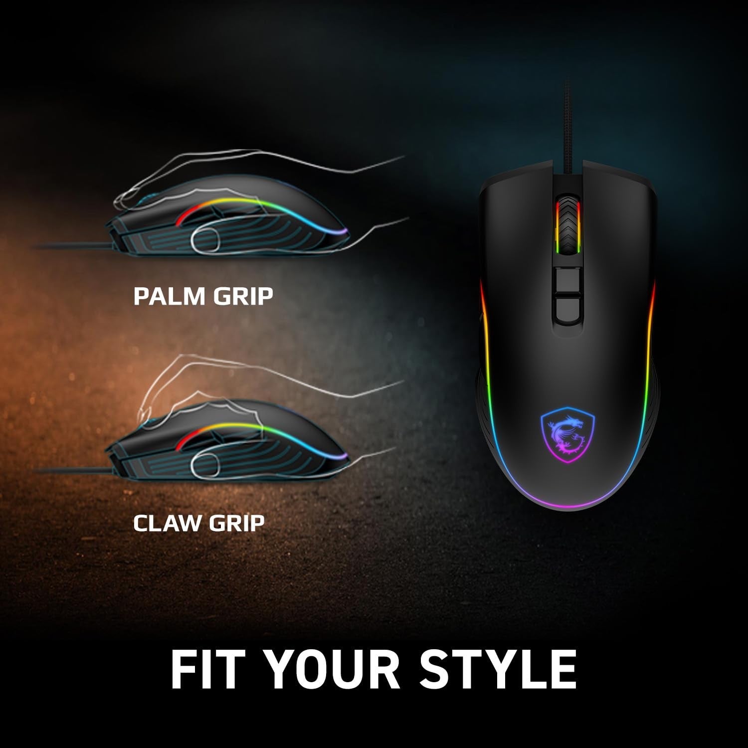 MSI Forge GM300 gaming mouse with RGB lighting, lightweight design, USB connection, and adjustable up to 7200 DPI.