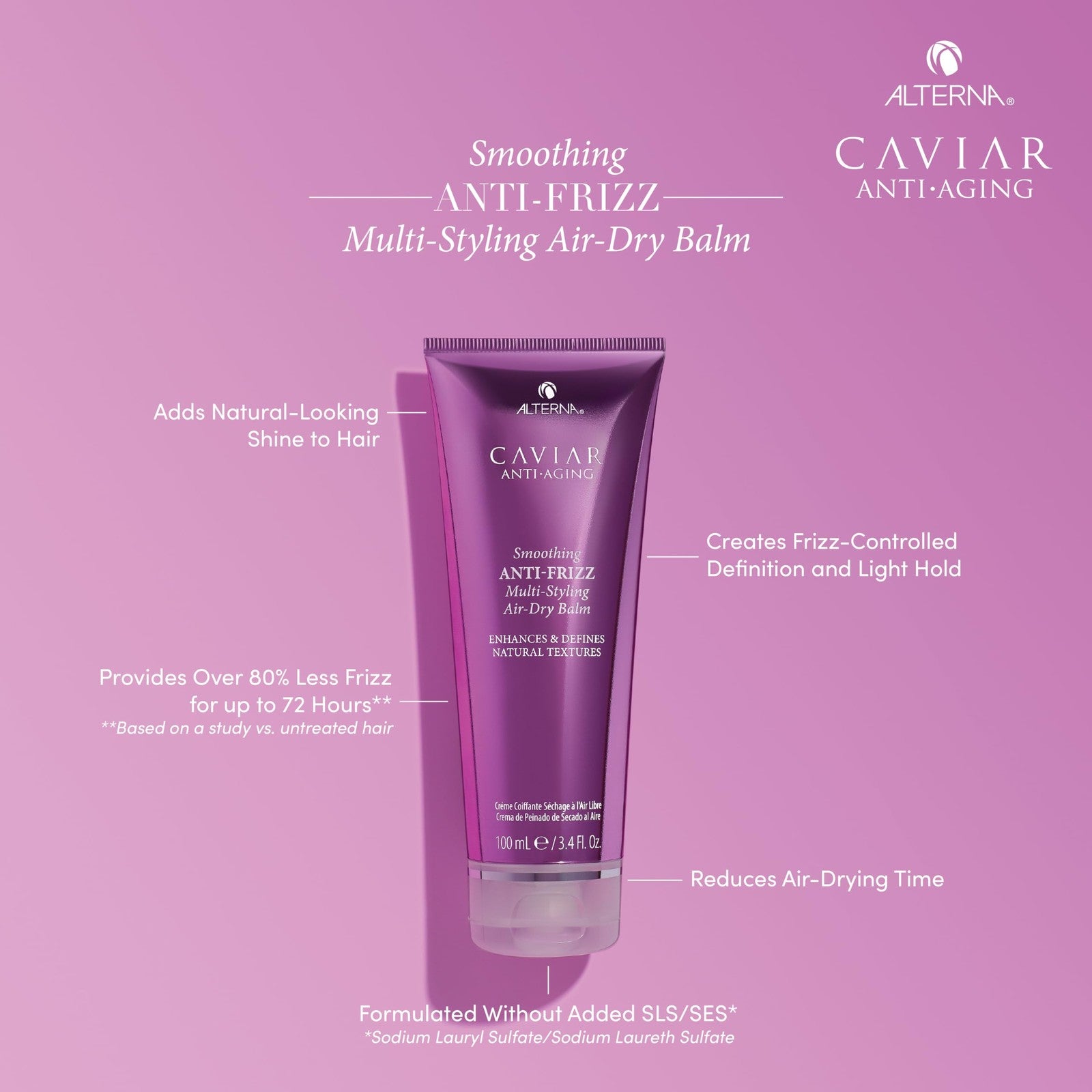 Alterna Caviar Anti-Aging Smoothing Anti-Frizz Multi-Styling Air Dry Balm in 3.4 oz tube, showing the product packaging.