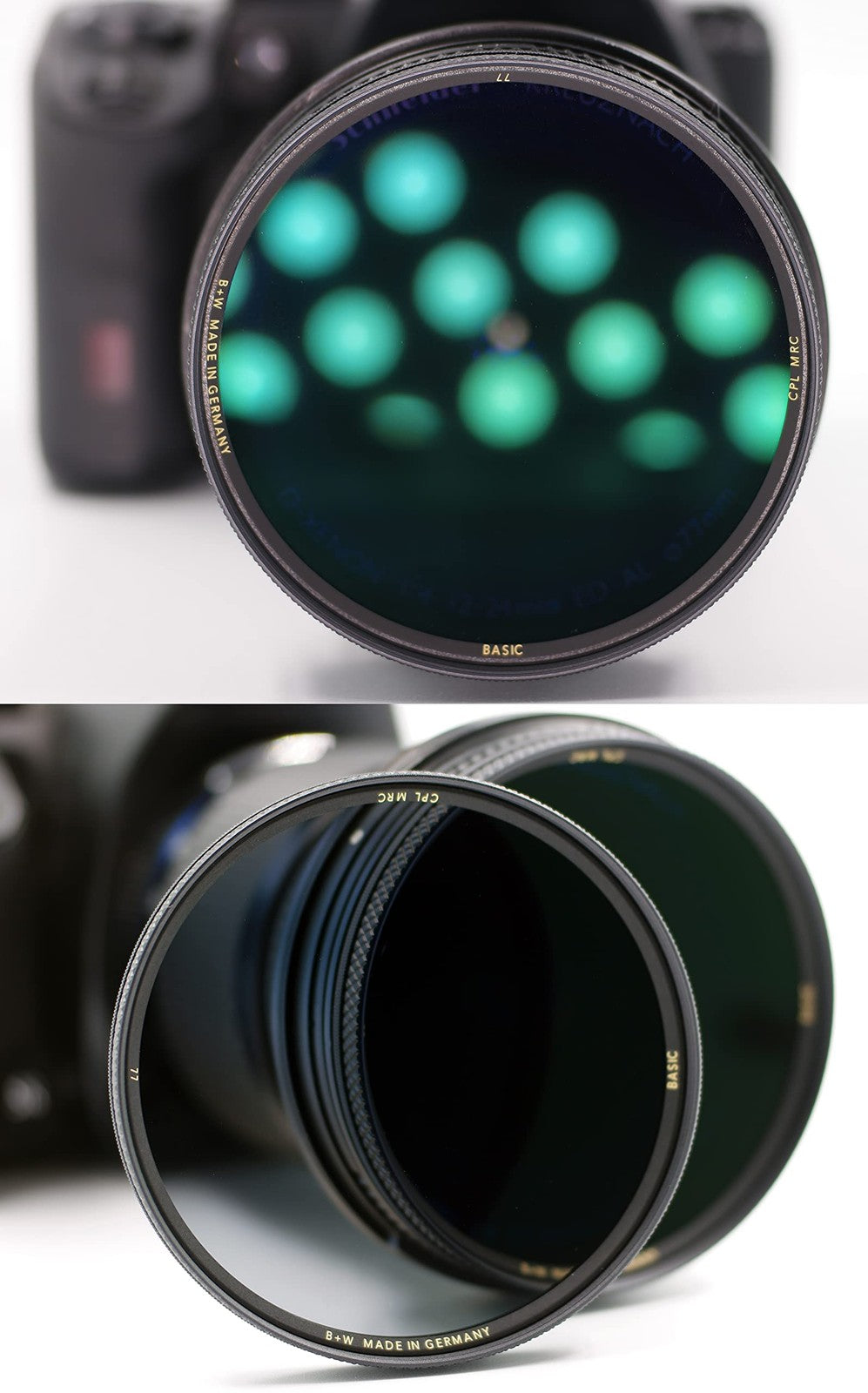 B+W 46mm Circular Polarizer Glass Filter mounted on camera lens, designed to reduce reflections and enhance photo clarity.
