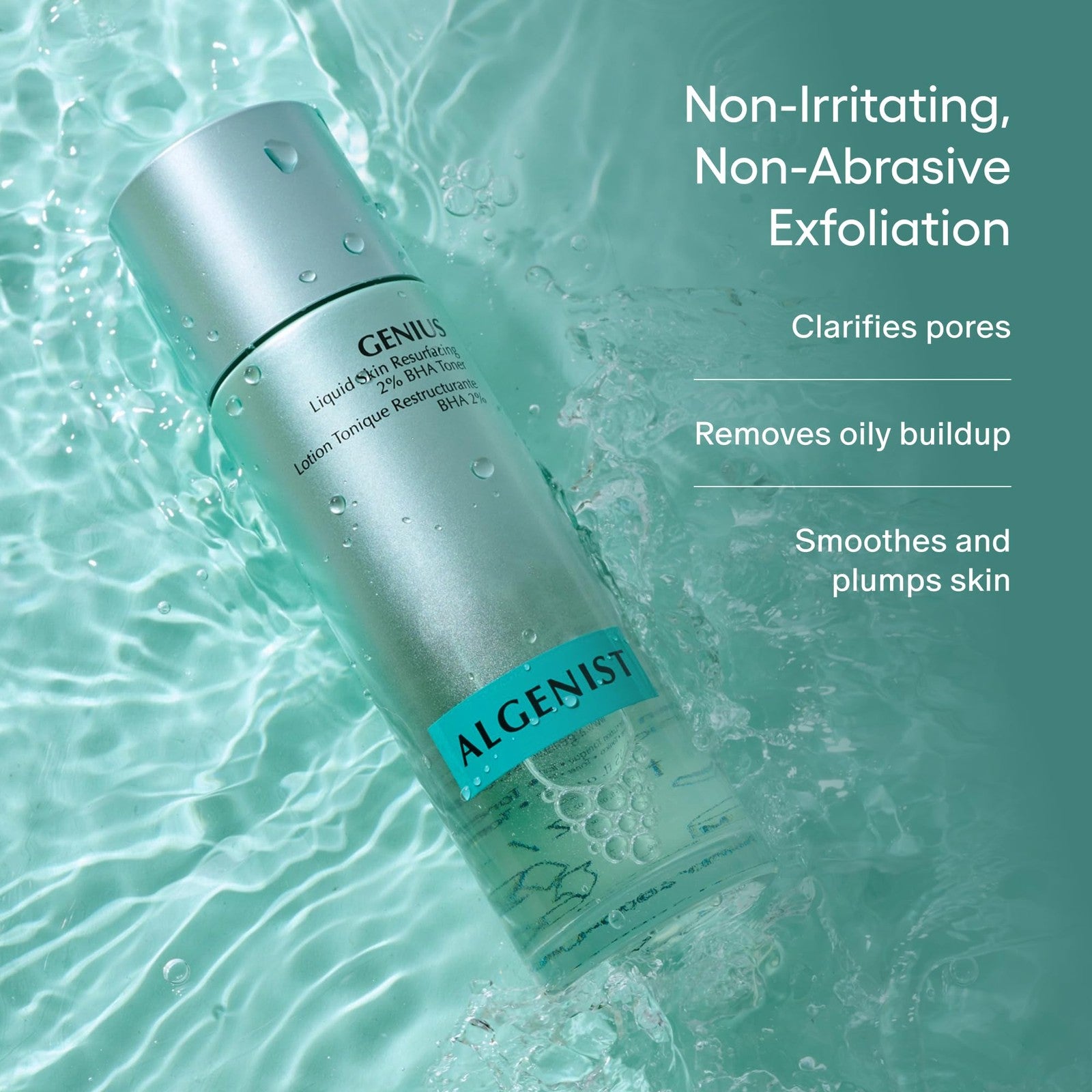 Algenist Genius Liquid Skin Resurfacing Face Toner with 2% BHA, gentle exfoliating liquid for smooth skin.