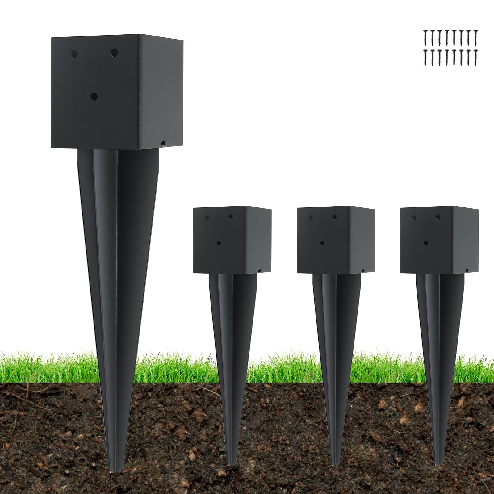 Heavy-duty Nrspp 4-pack 4x4 inch fence post anchors ground spikes, durable metal posts for secure fencing installation
