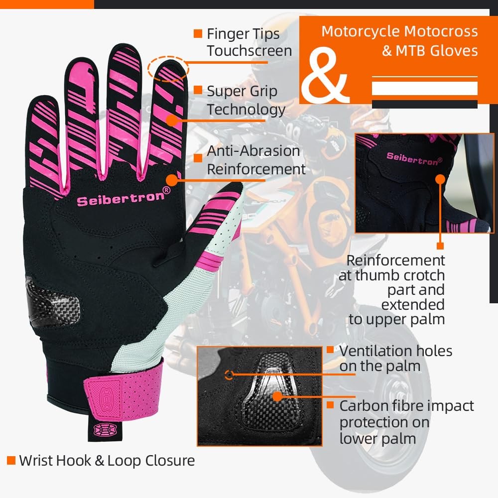 Seibertron SPS-2 unisex touchscreen motorcycle and MTB sports gloves showing black and red fabric with grip palms.