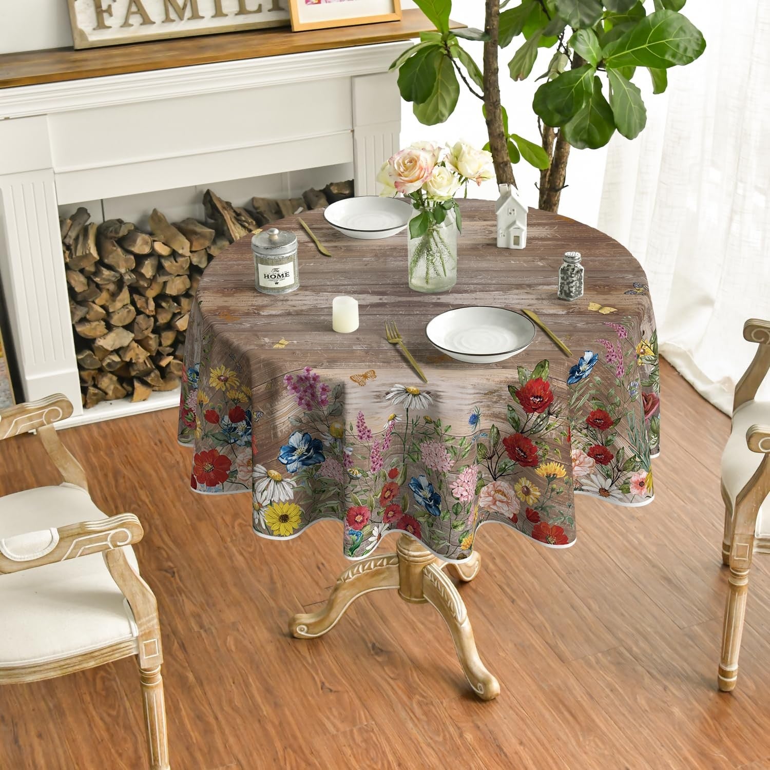 Horaldaily spring round tablecloth with floral pattern, brown wood grain design, 90x90 inches, washable fabric, for dining tables