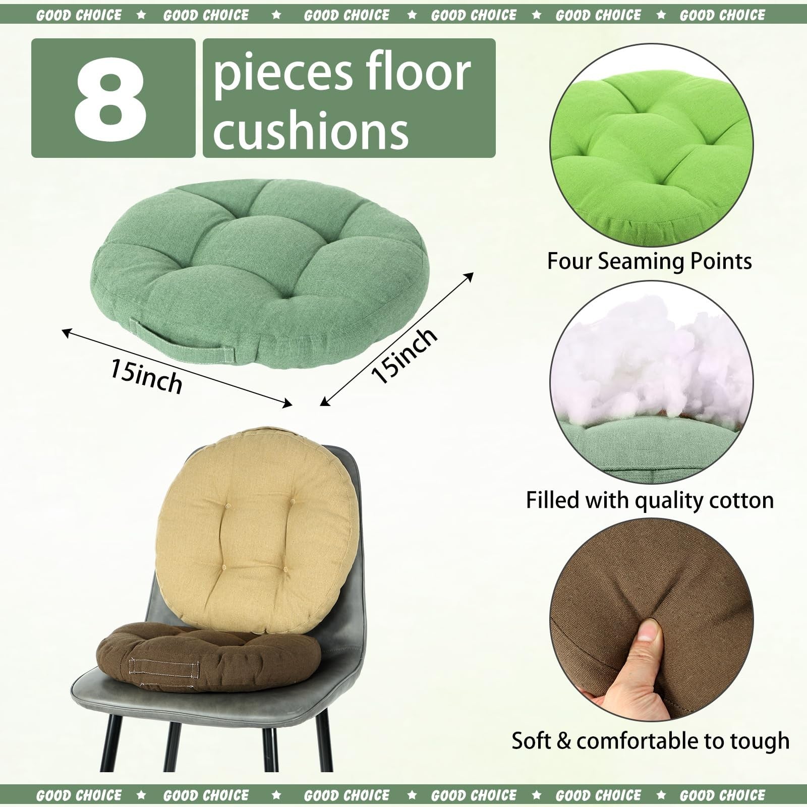 Gerrii 8-piece set of 15x15 inch colorful floor cushions for kids, flexible seating for classroom or home use.