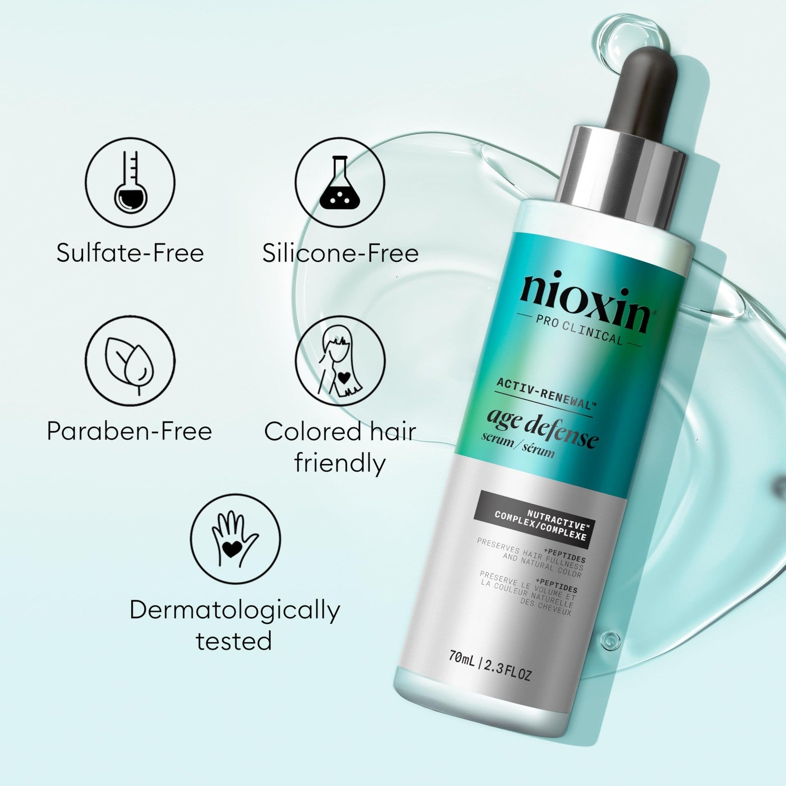 Nioxin Age Defense Anti-Aging Hair Serum bottle with pump, a leave-in scalp treatment with peptide for thinning hair.