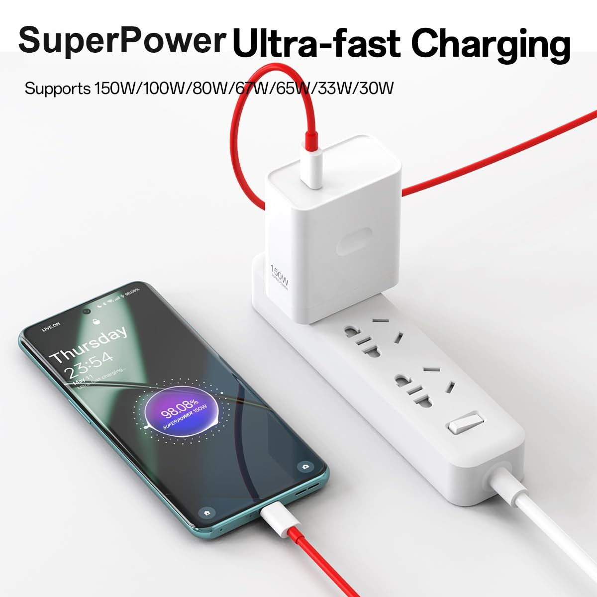 Weboyo 150W 100W 80W super fast wall charger block compatible with OnePlus devices, shown with USB port and sleek design.
