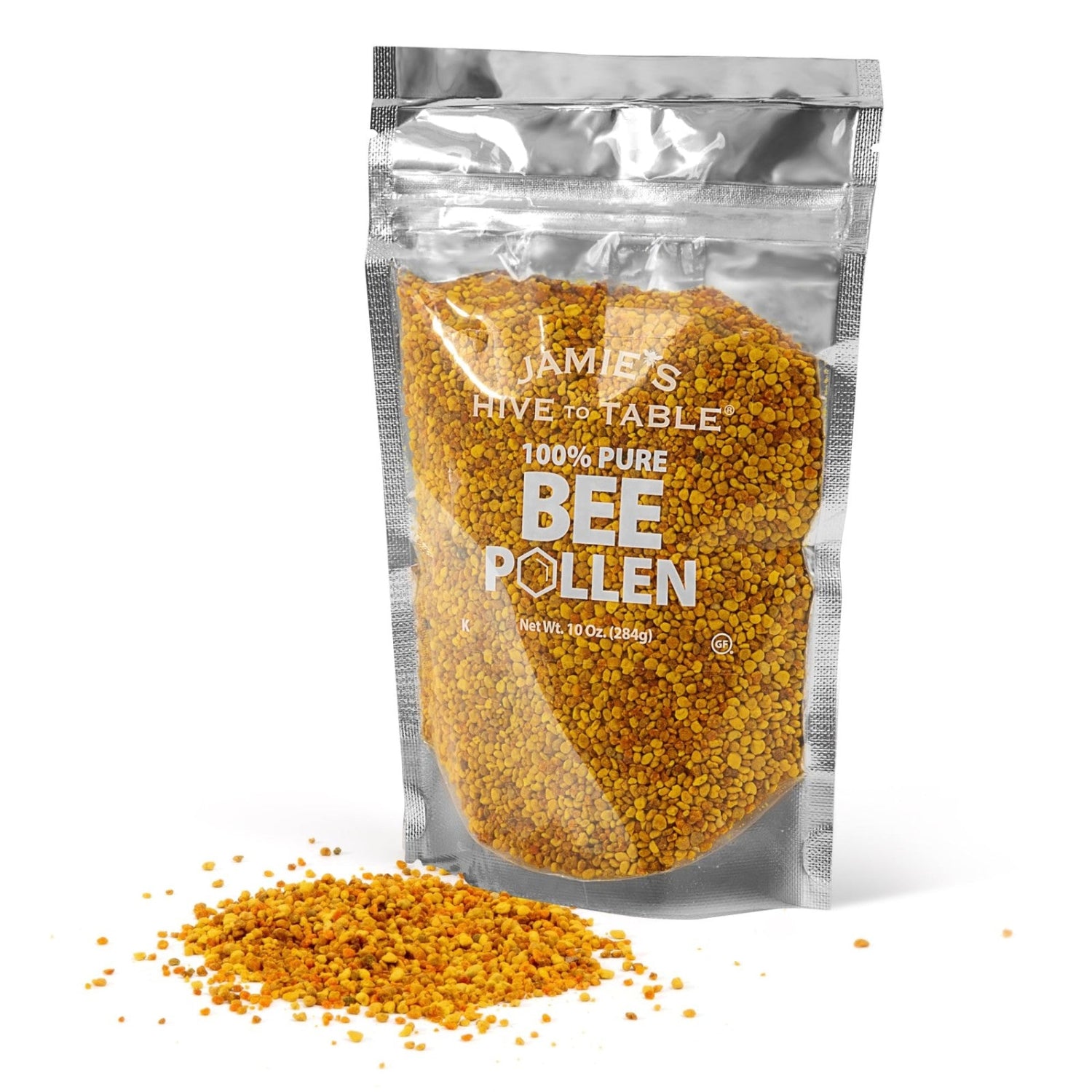 Jamie’s Hive to Table raw bee pollen in a clear jar, showcasing golden bee pollen granules, 10 oz package, 100% pure bee pollen.