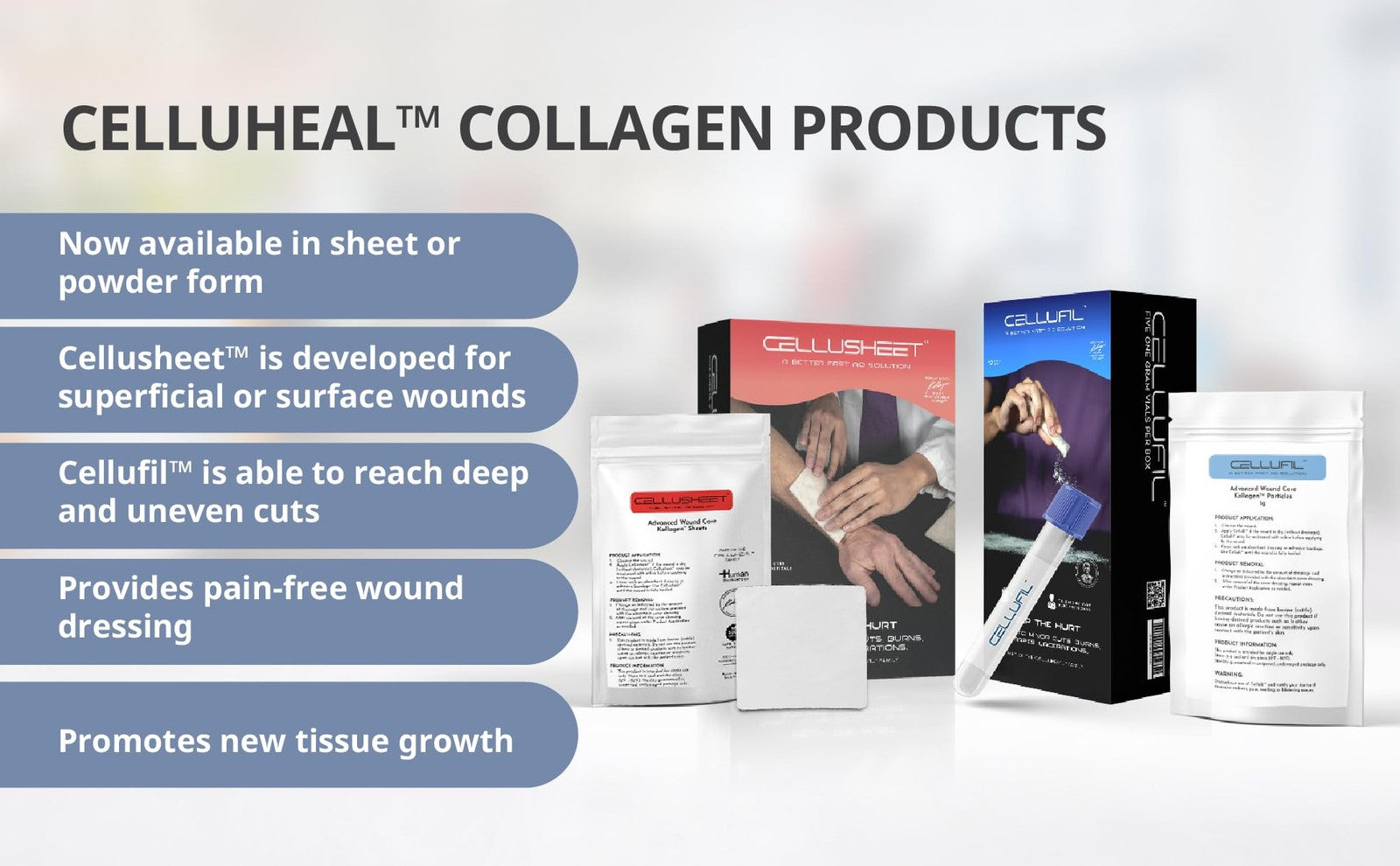 Celluheal Cellufil Collagen Particles in 5 vials for advanced wound care, showing sterile collagen powder in clear vials.