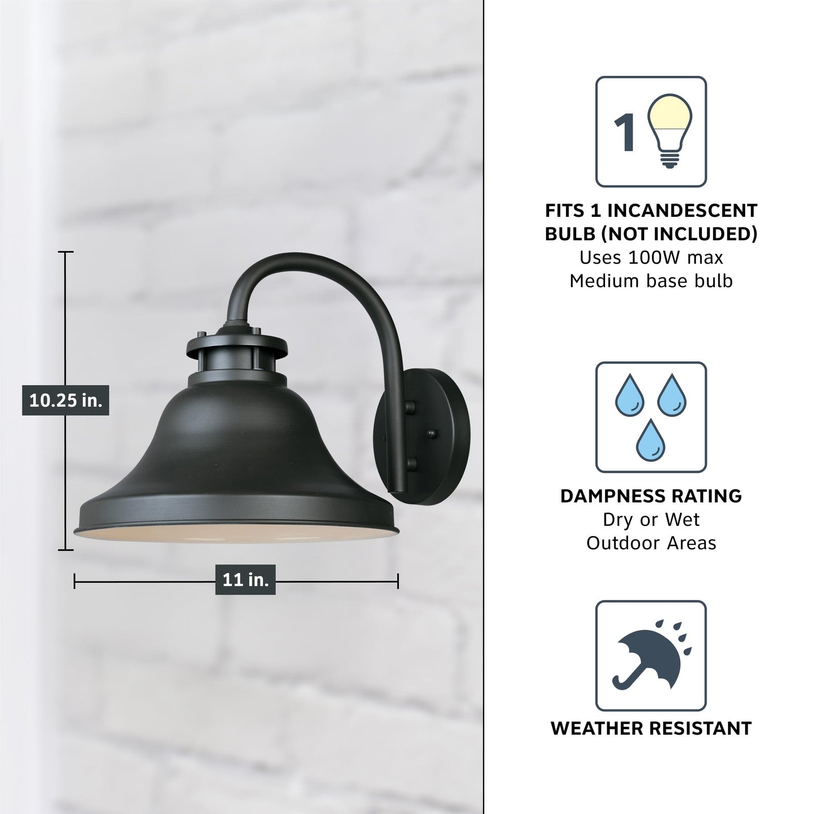 Outdoor wall light fixture by Designers Fountain Bayport, 10.25-inch exterior wall-mounted exterior lighting in a classic design.