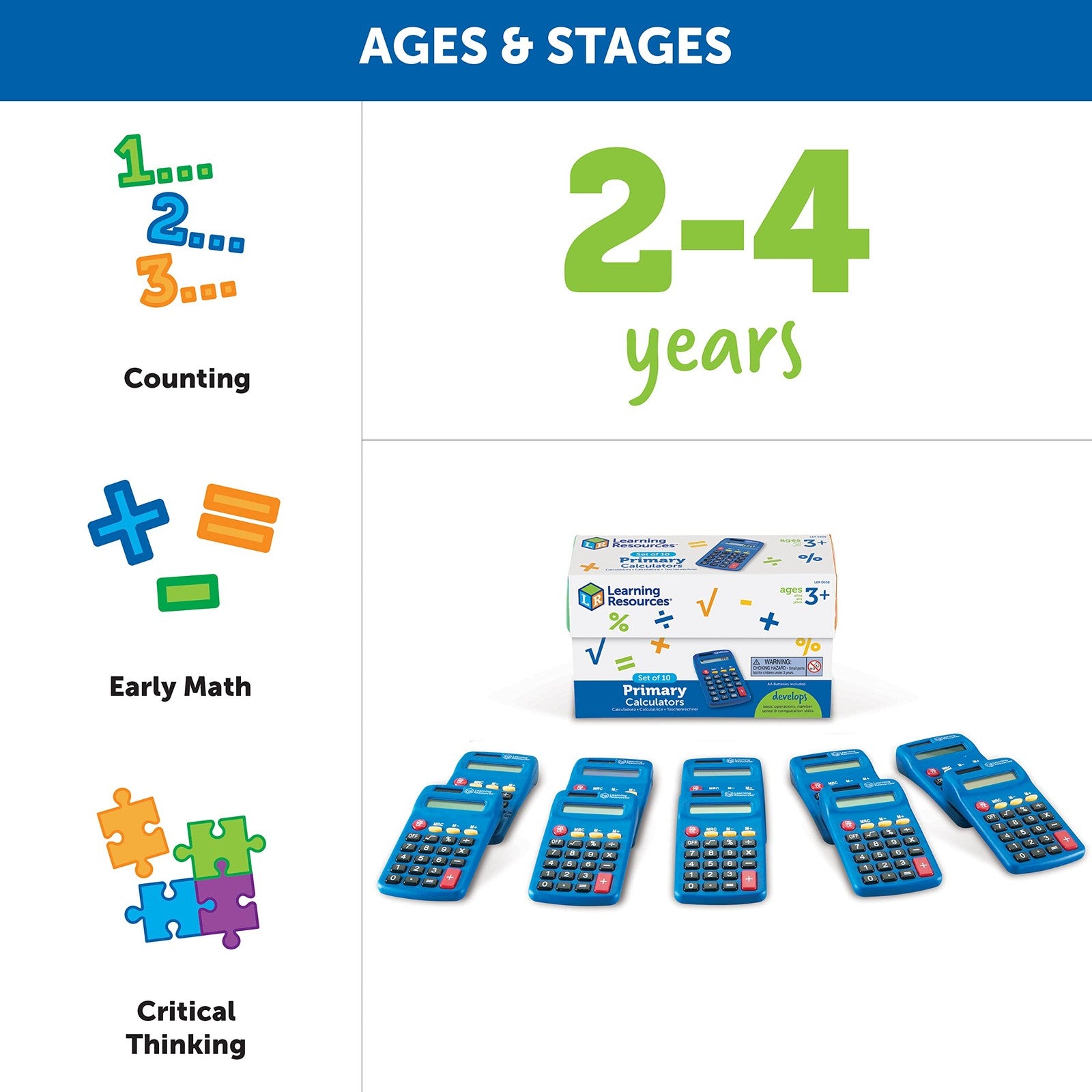 Primary calculator by Learning Resources, solar and battery-powered basic calculator with large buttons for students and kids.