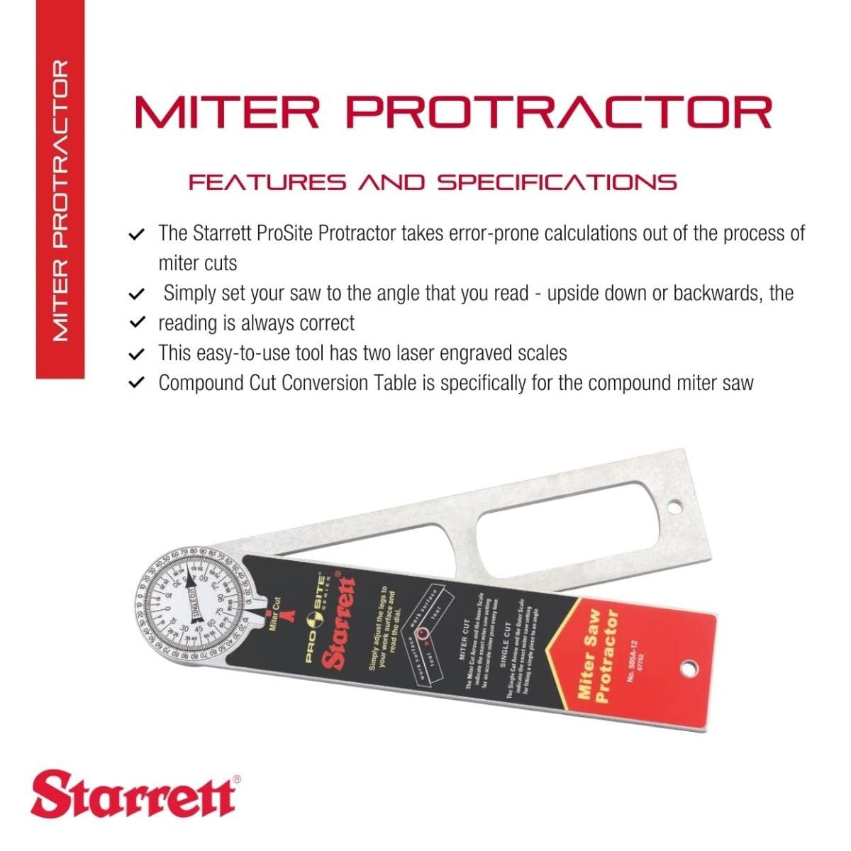 Starrett ProSite Miter Protractor Angle Finder with laser-engraved scales, showing a close-up of its adjustable measurement tools.