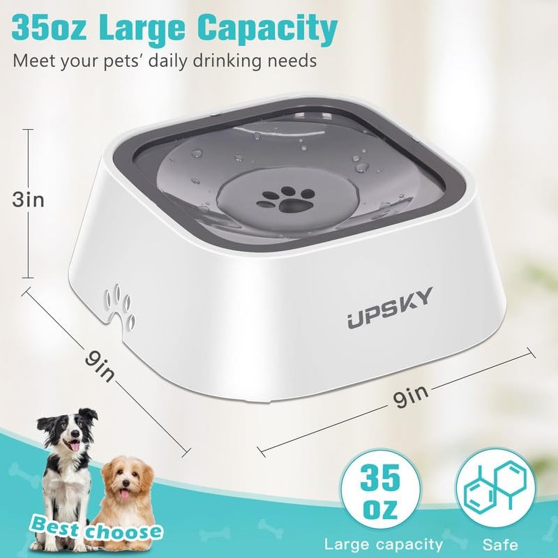 UPSKY no-spill pet water bowl with slow feeder and no-slip base, 35oz capacity, designed to prevent spills and control drinking pace.