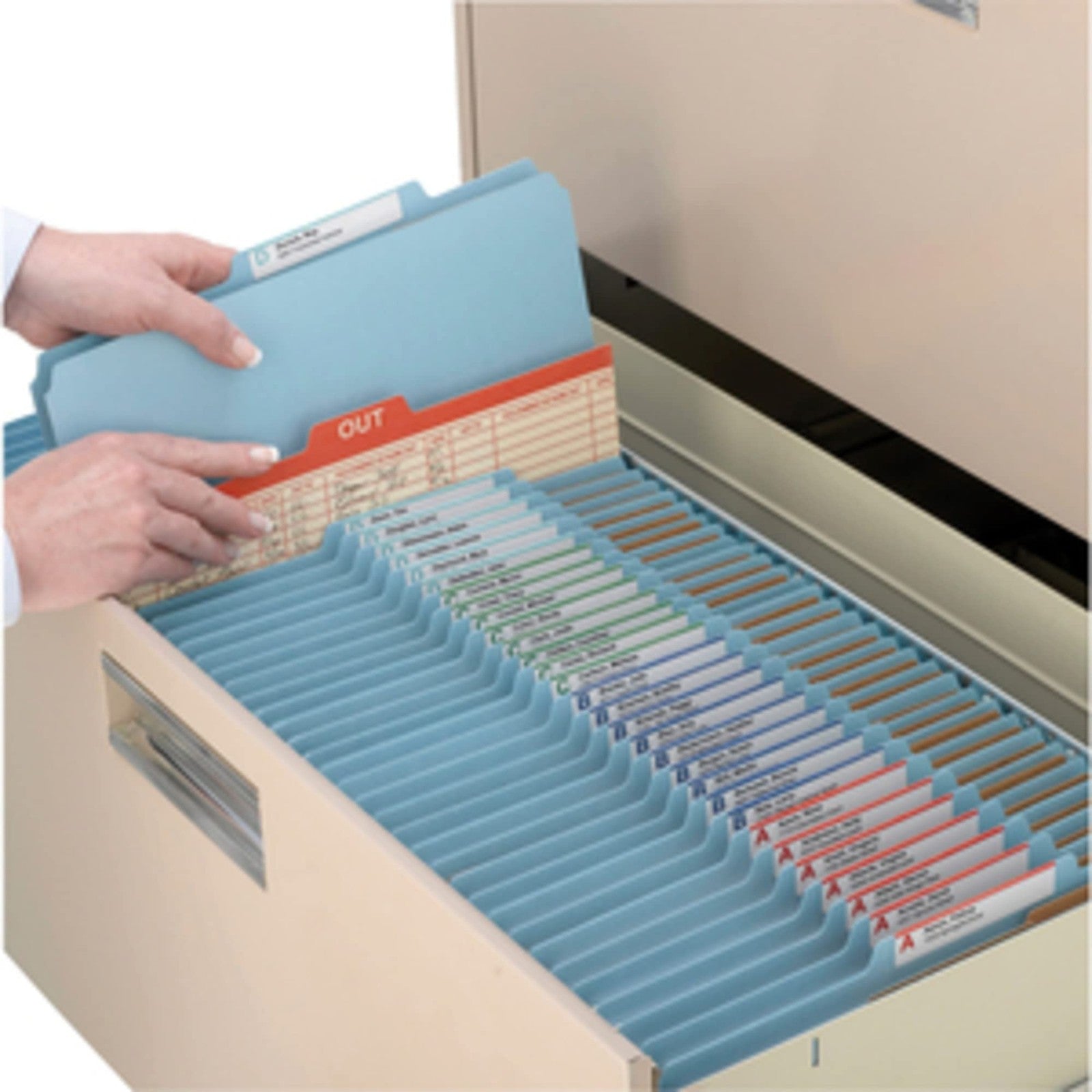 SMEAD Pressboard Classification File Folder with SafeSHIELD fasteners, two pockets and divider for organizing documents.