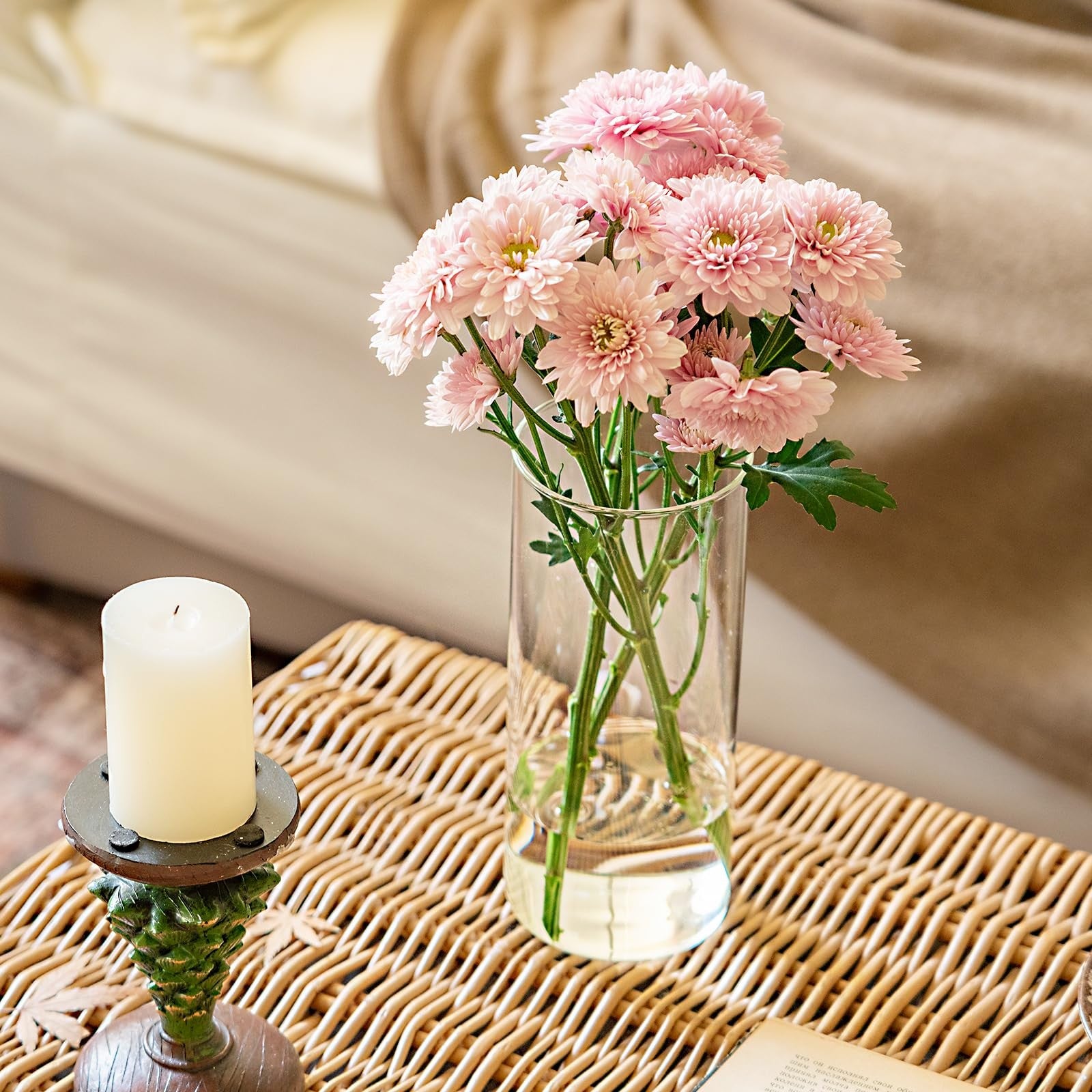 Set of seven 8-inch tall glass cylinder vases by DYMFADFB for centerpieces, featuring clear, sleek design for floral arrangements.