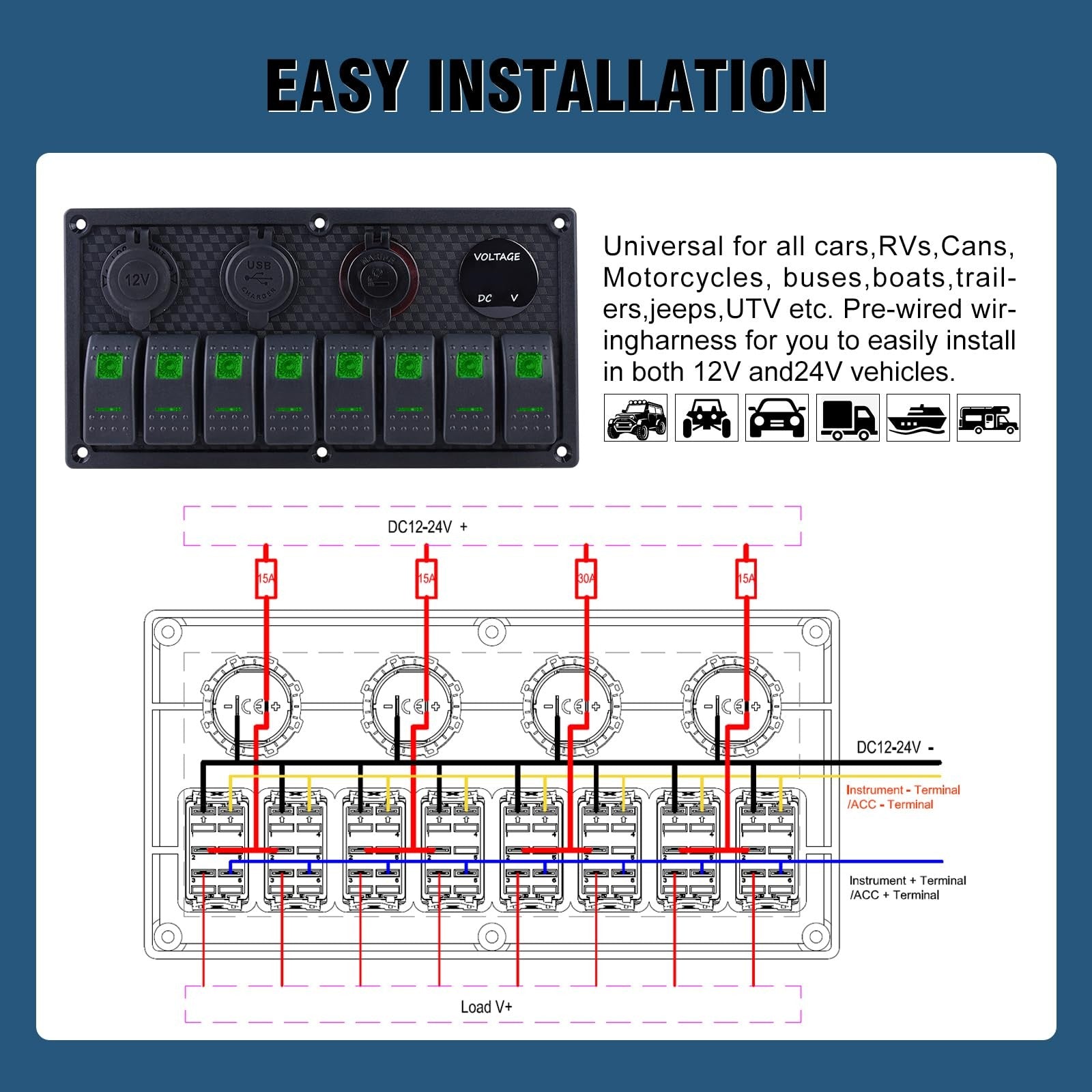 Marine switch panel with 8 rocker switches for 12/24V systems, featuring toggle switches on a durable unbranded panel.