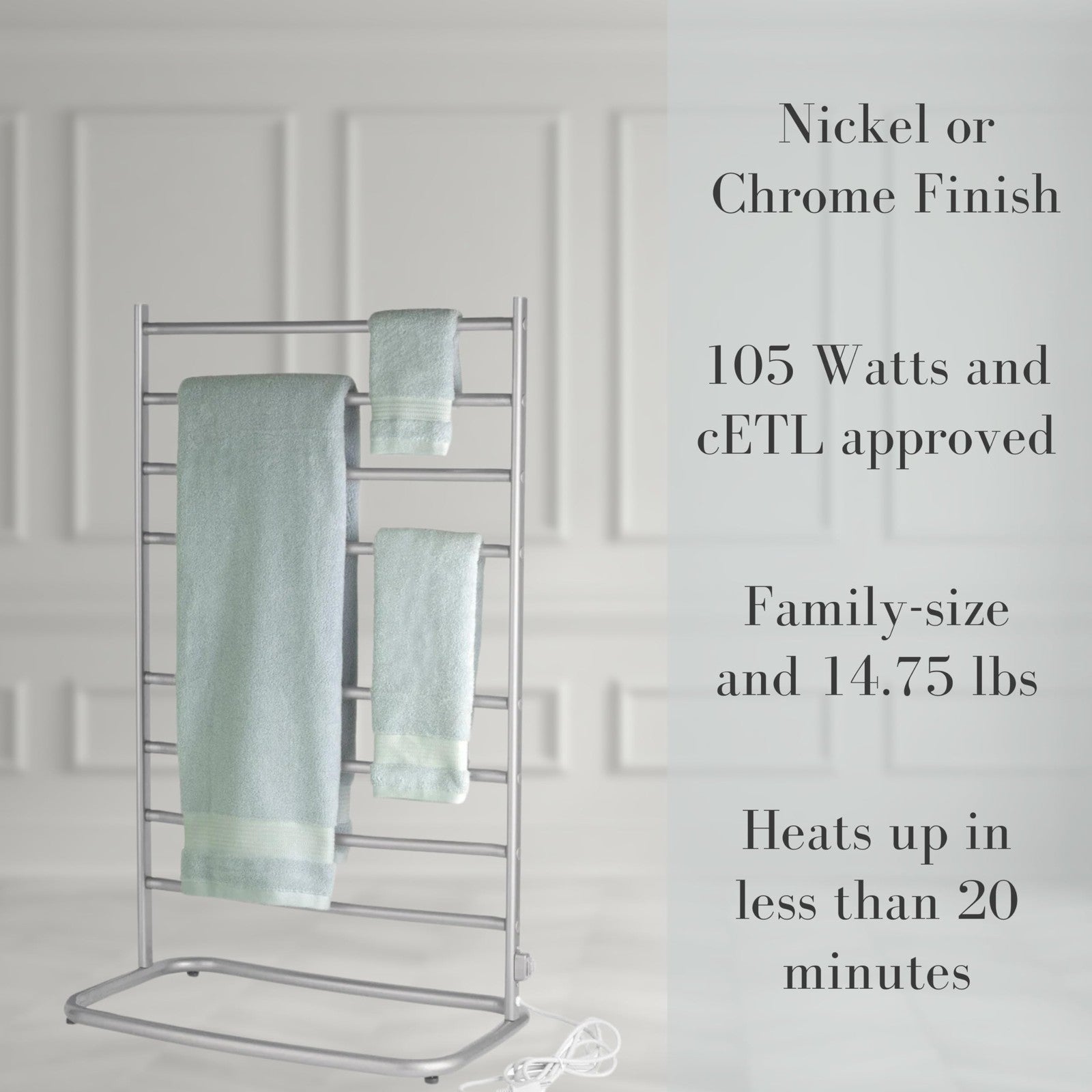 Warmrails Hyde Park free-standing towel warmer rack with multiple bars for drying and warming towels in a modern bathroom.