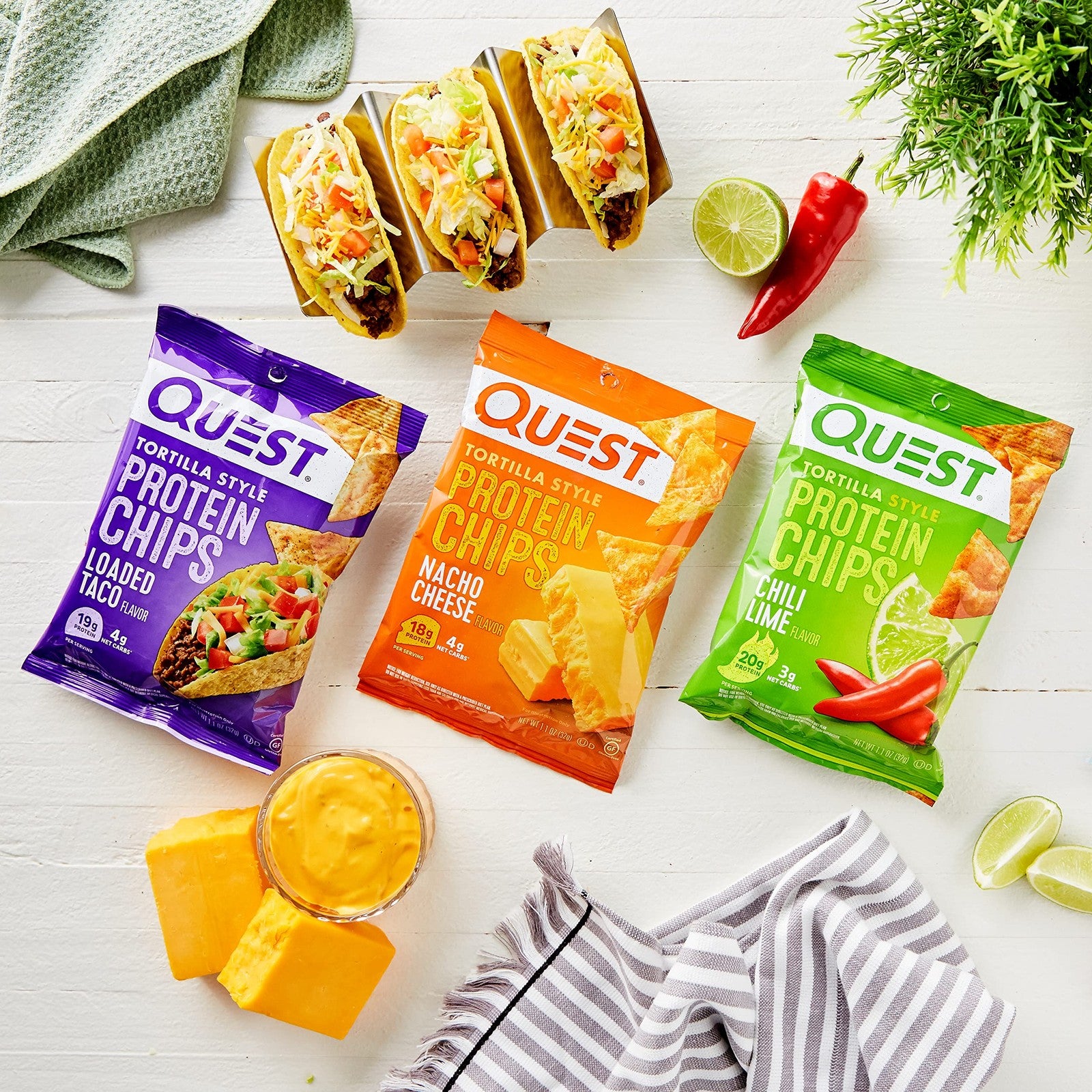 Quest Nutrition Protein Chips Variety Pack bundle with assorted high-protein, low-carb chips in colorful packaging.