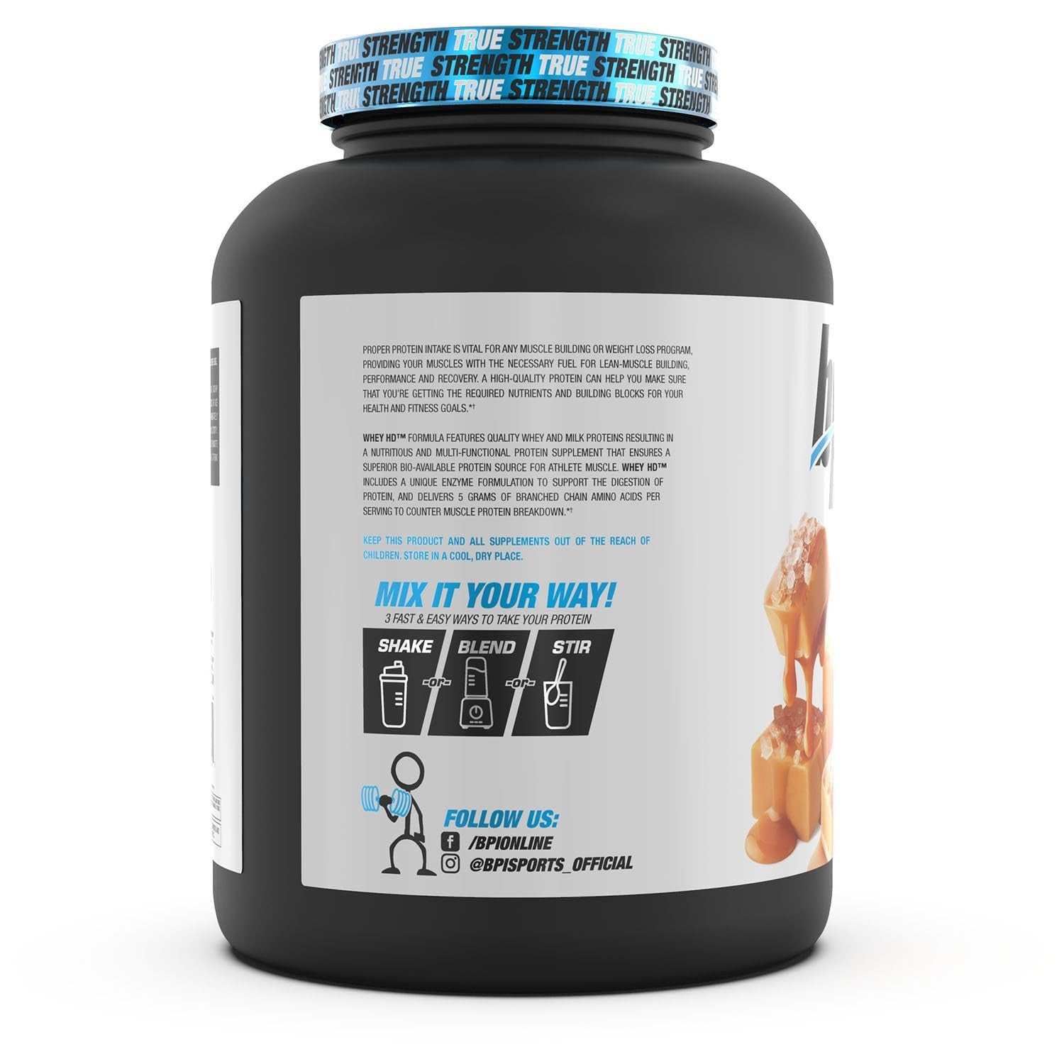 BPI Sports Whey HD Ultra Premium Protein Powder in Salted Caramel flavor, 4.1lb container with scoops and label visible.
