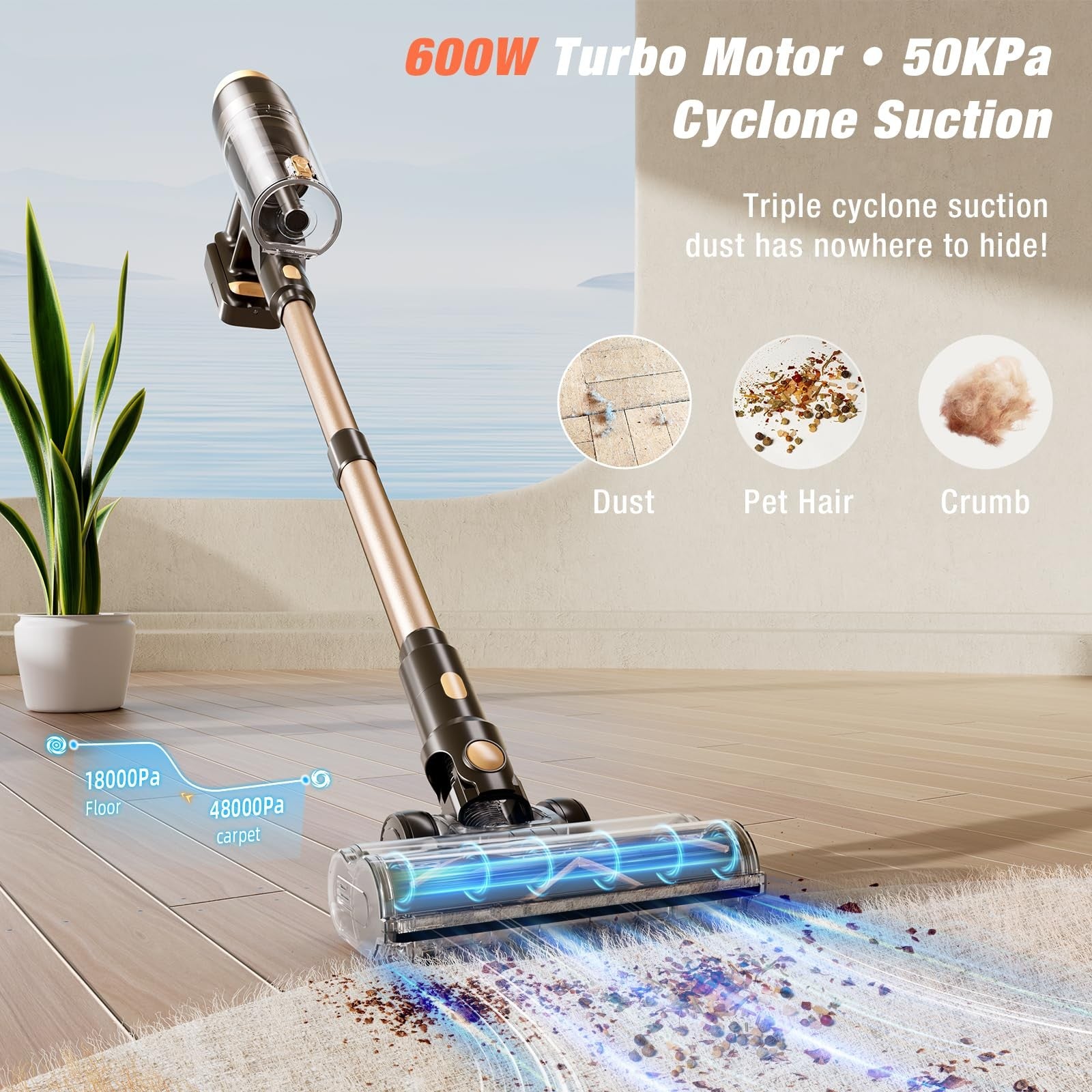 VBUOO cordless vacuum cleaner with 580W power, 48KPa suction, self-standing design, suitable for home cleaning.