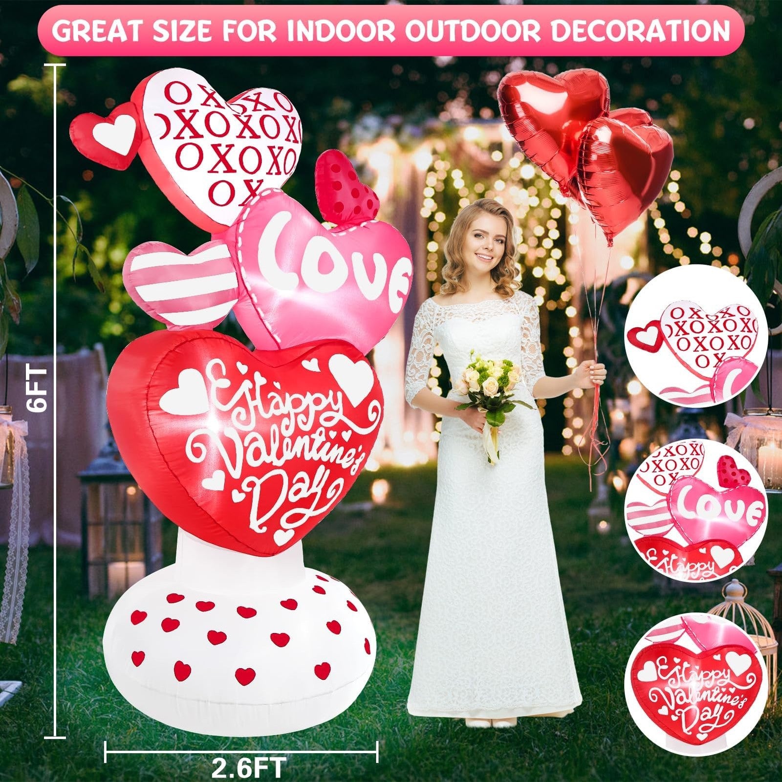 Wabolay 6ft inflatable love heart outdoor decoration with red and pink colors, perfect for Valentine’s Day outdoor displays.