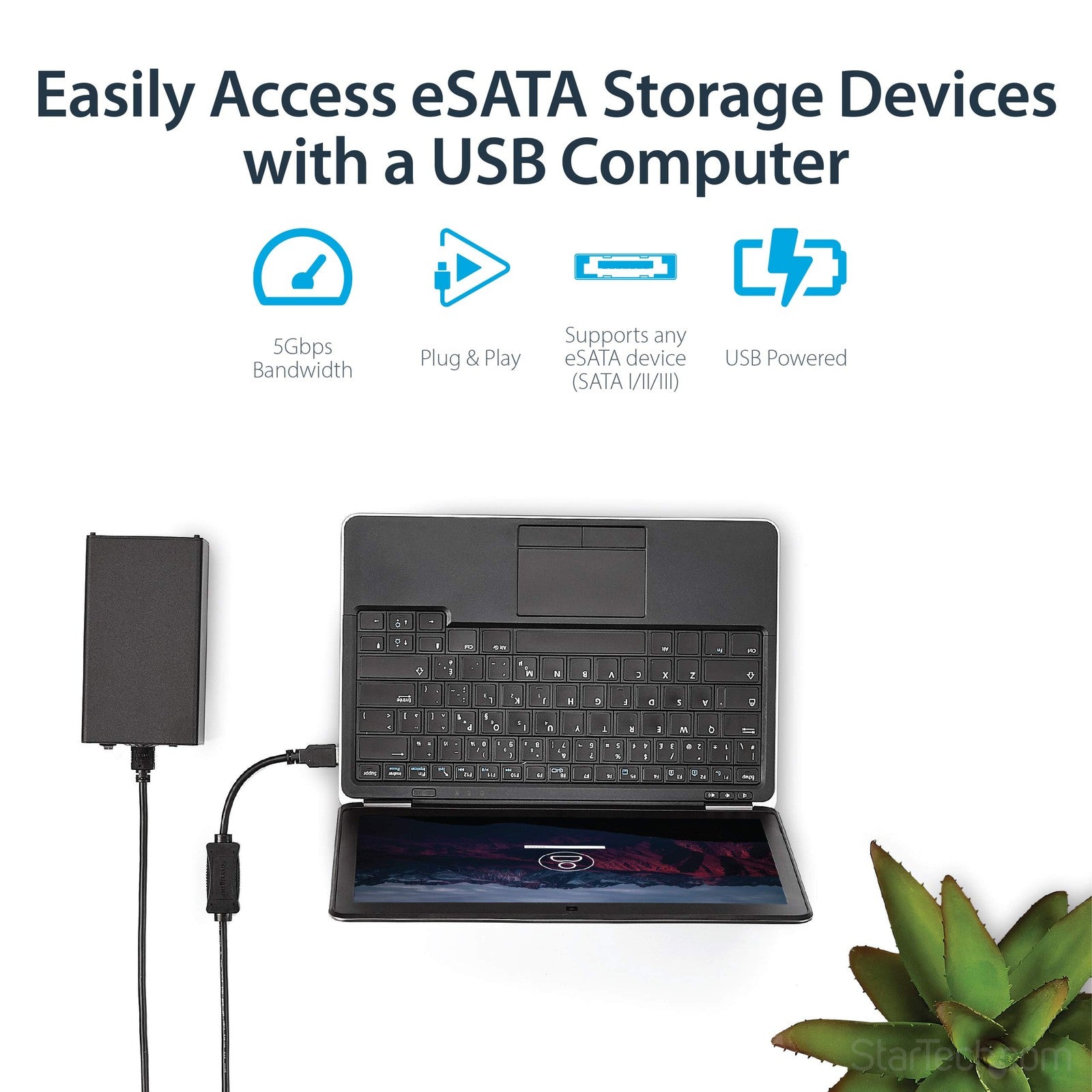 StarTech.com 3 ft USB 3.0 to eSATA adapter cable connecting a hard drive or SSD to a computer for fast data transfer.