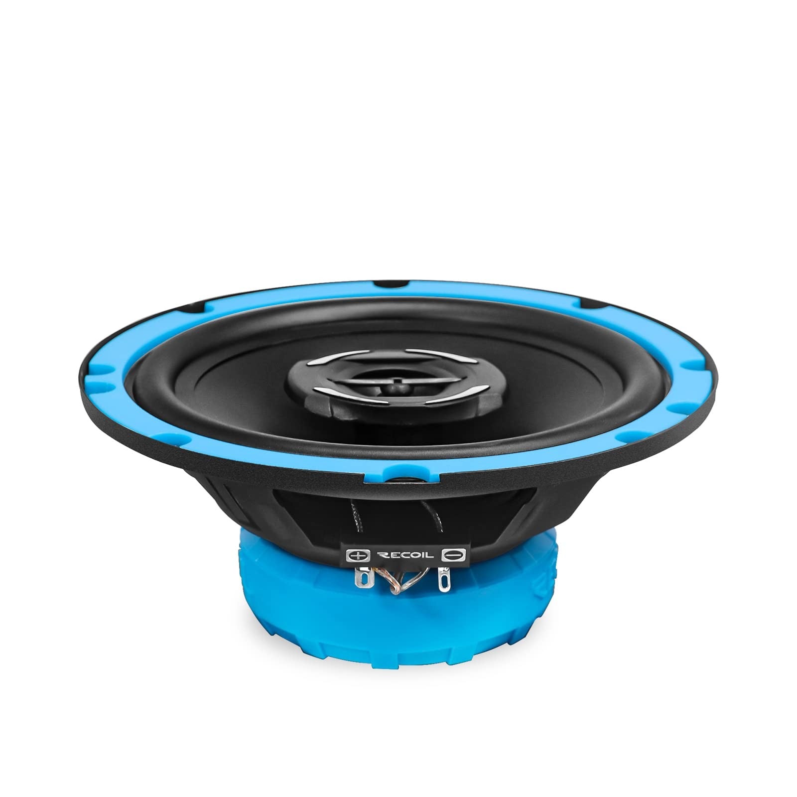 Recoil RCX65 Echo Series 6.5-inch coaxial car audio speaker system with black cone and mounting hardware.